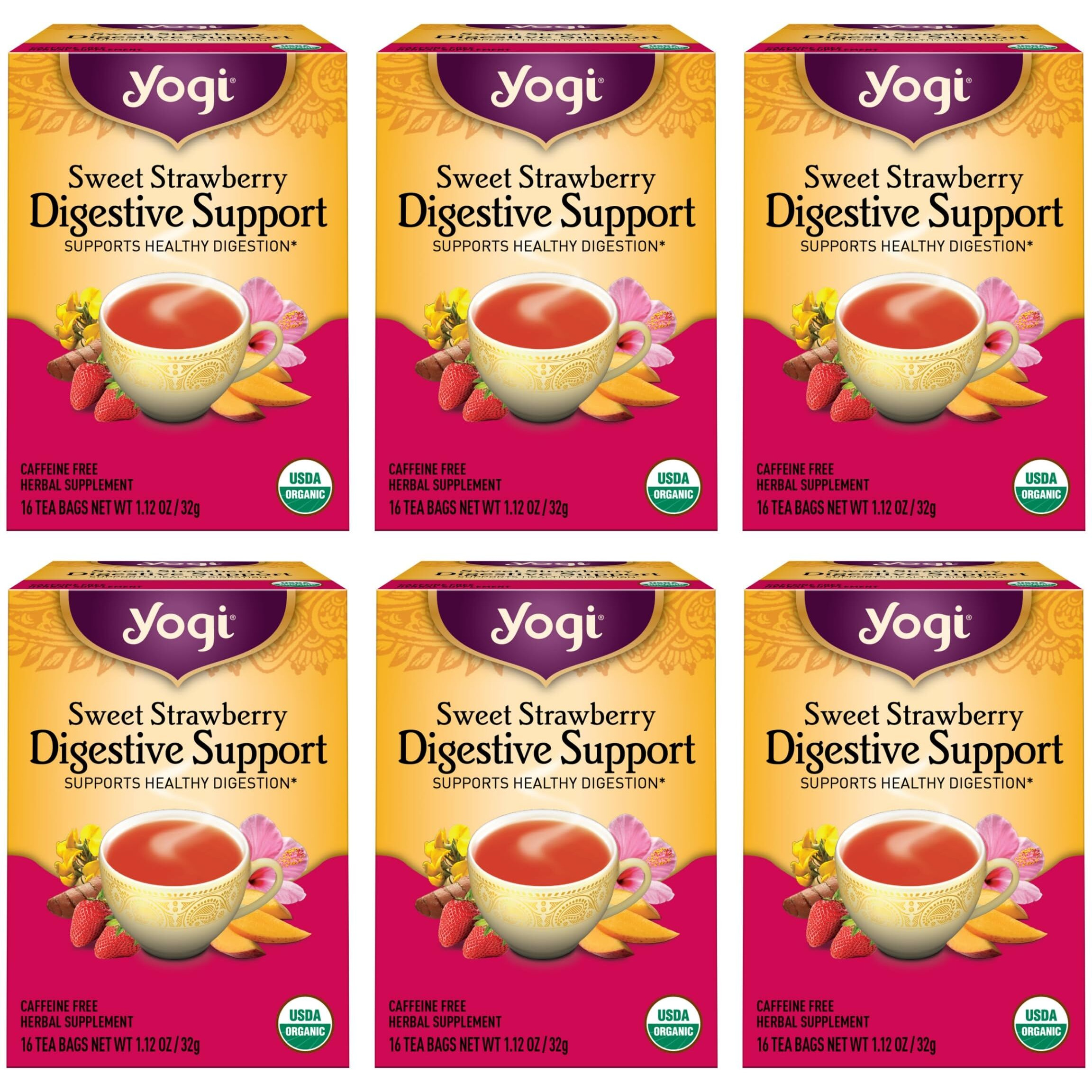 Yogi Tea Sweet Strawberry Digestive Support - 16 Tea Bags Per Pack (6 Pack) - Organic Turmeric Tea Bags - Digestive Support Tea - Includes Turmeric Root, Black Pepper, Strawberry, Mango & More
