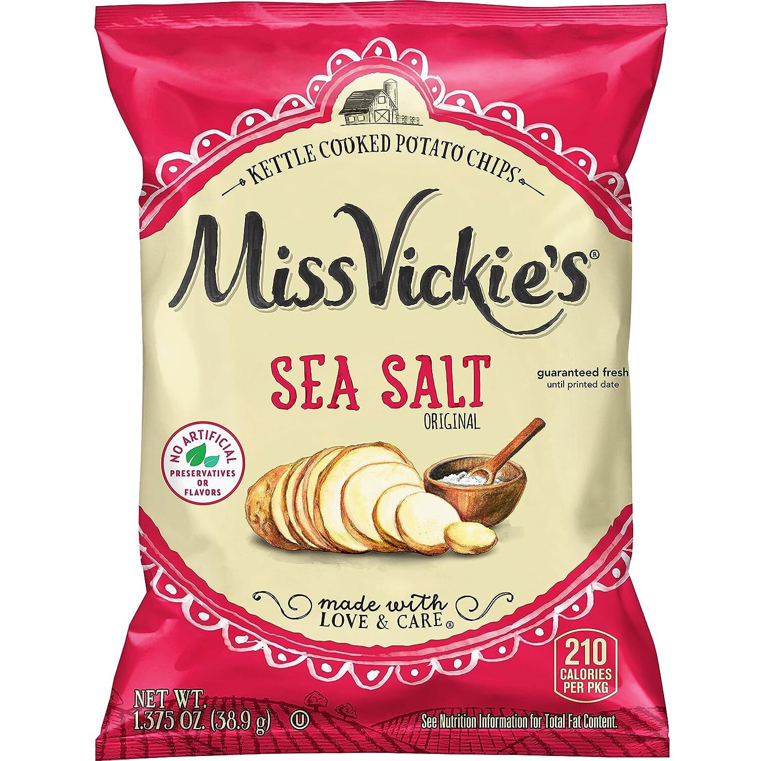 Kettle Cooked Potato Chips By Miss Vickie's Value Pack Bundled By Superdeals | 1.375 Oz Bag | Sea Salt | Original | Pack Of 30 With Mystery Gift