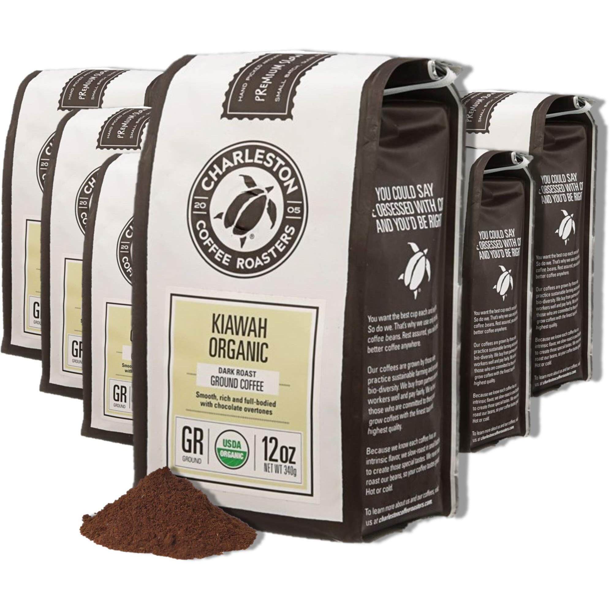 Charleston Coffee Roasters | Specialty Organic Ground Coffee | Hand Picked, Premium Slow Roast (Kiawah, Dark Roast) 12Oz, 6 Pack