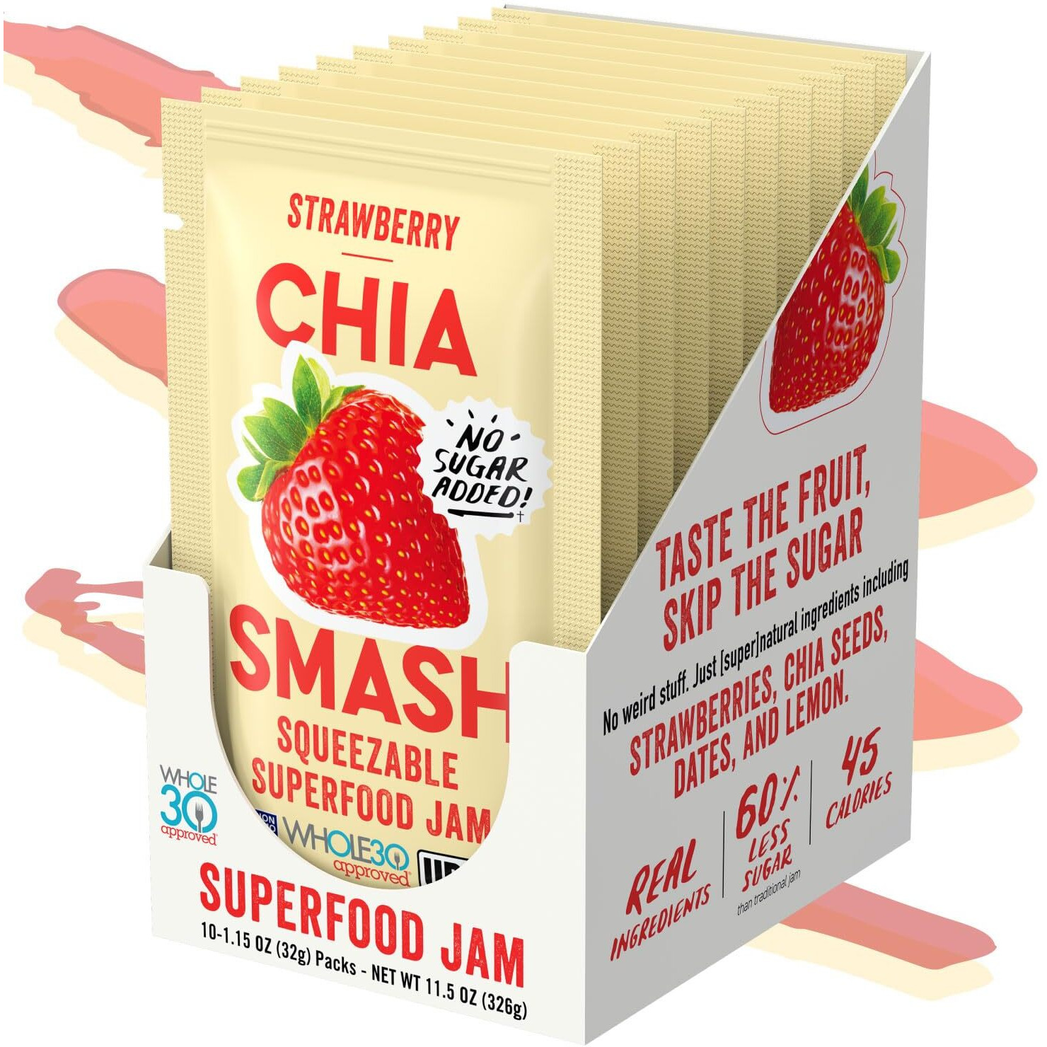 Chia Smash Superfood Jam Squeeze Packets | Spread, Top, Squeeze & Snack | Whole 30, Keto, Diabetic Friendly | Simple Real Ingredients | Vegan & Upcycled (Strawberry)