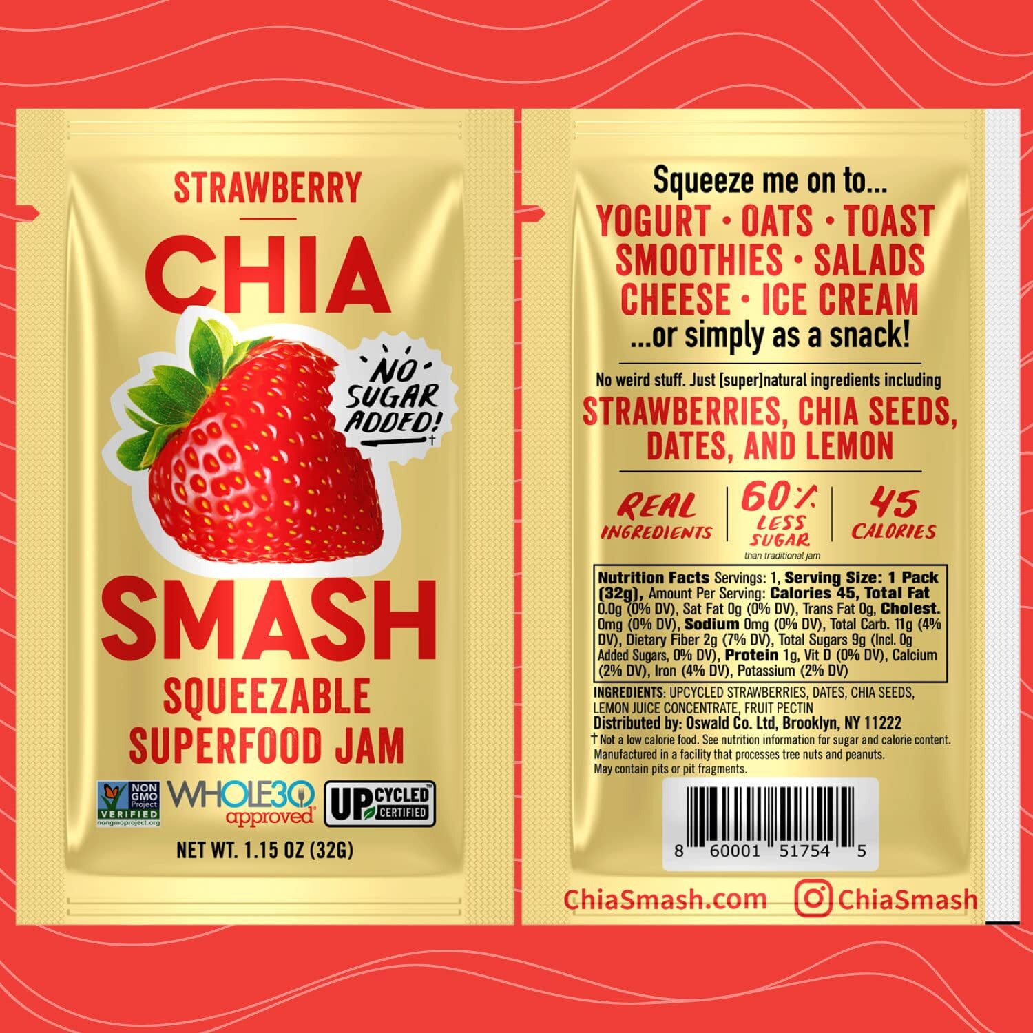 Chia Smash Superfood Jam Squeeze Packets | Spread, Top, Squeeze & Snack | Whole 30, Keto, Diabetic Friendly | Simple Real Ingredients | Vegan & Upcycled (Strawberry)