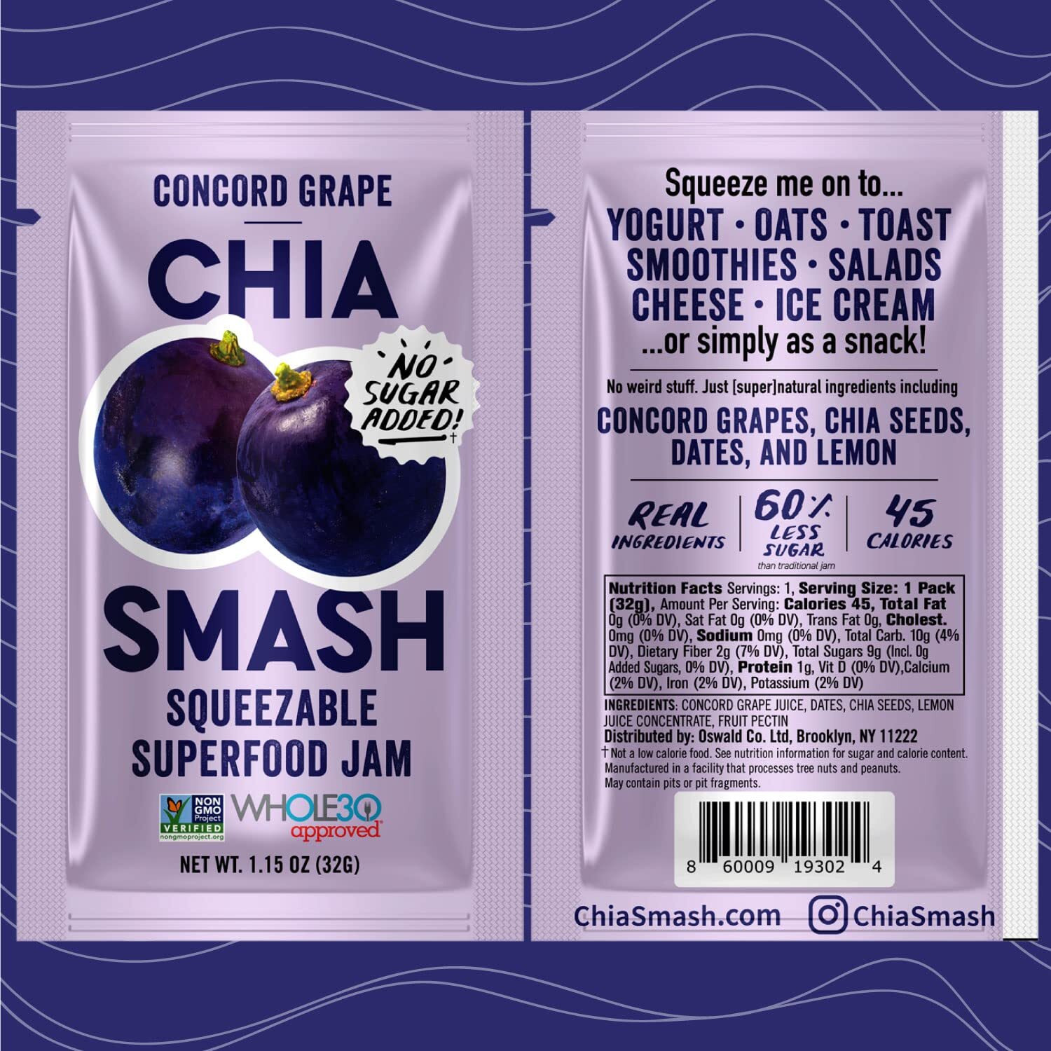 Chia Smash Concord Grape Jam Squeeze Packets | Natural, Keto & No Sugar Added | Vegan & Upcycled Fruit Spread | Low-Calorie, Superfood Snack | Single-Serve (10 Packets)