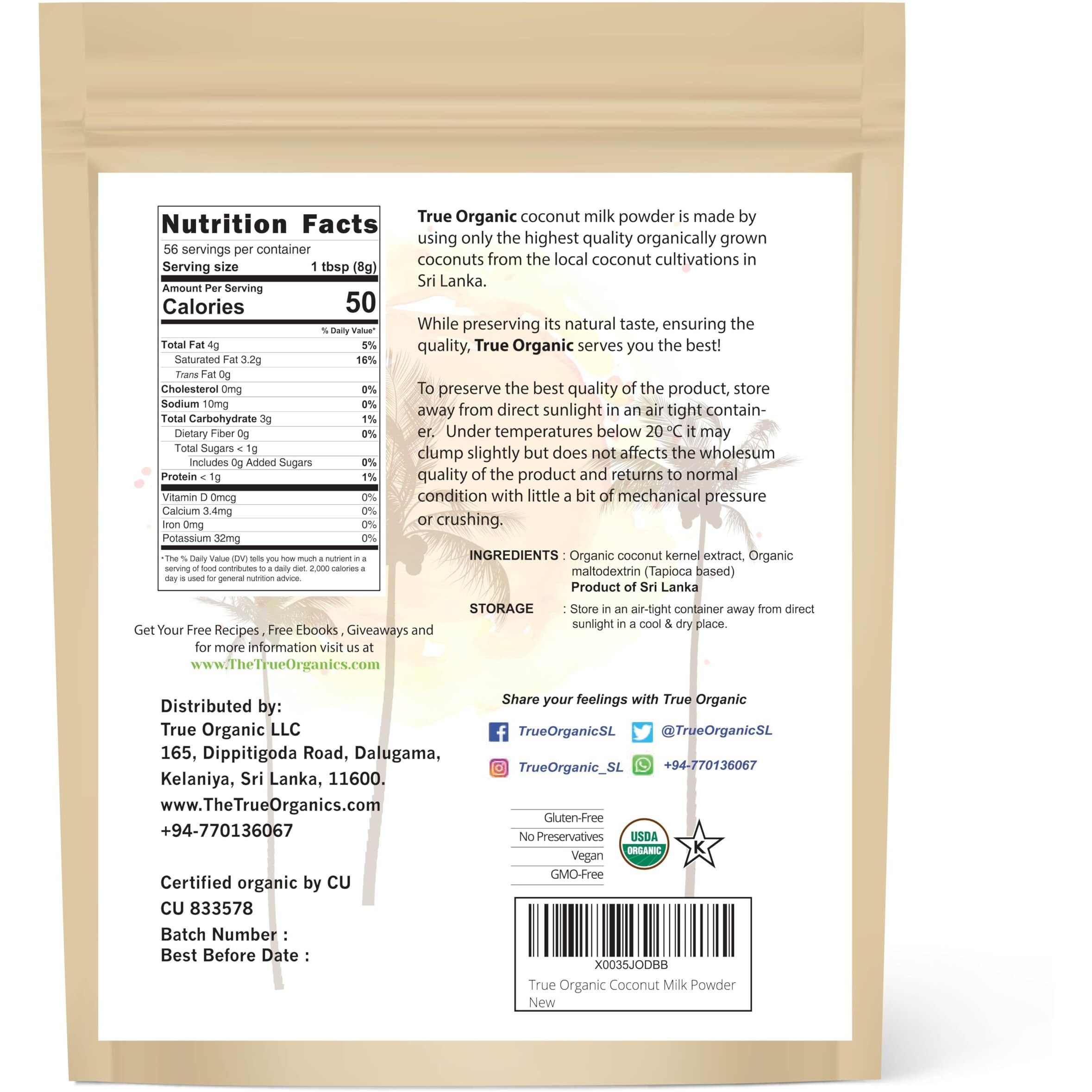 True Organic Ceylon Coconut Milk Powder, 1 Pound Bulk Bag, Certified Organic, Usda & Kosher Certified, Non-Gmo, Organic Coconut Milk Powder, Ceylon Premium Quality [ 16 Ounces ]