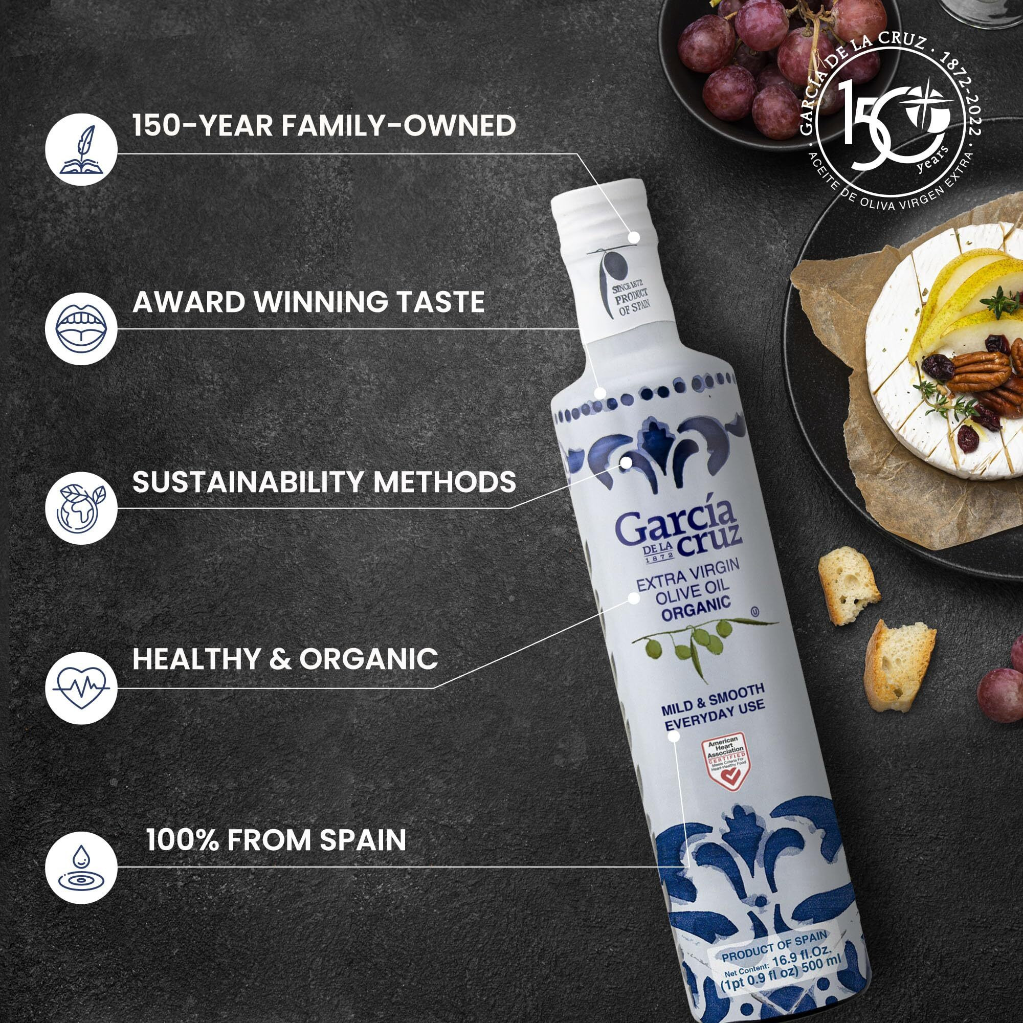 Organic Extra Virgin Olive Oil By Garcia De La Cruz, Mild Smooth Flavor For Everyday Use, Spanish Organic Olive Oil, Single-Origin Family Owned