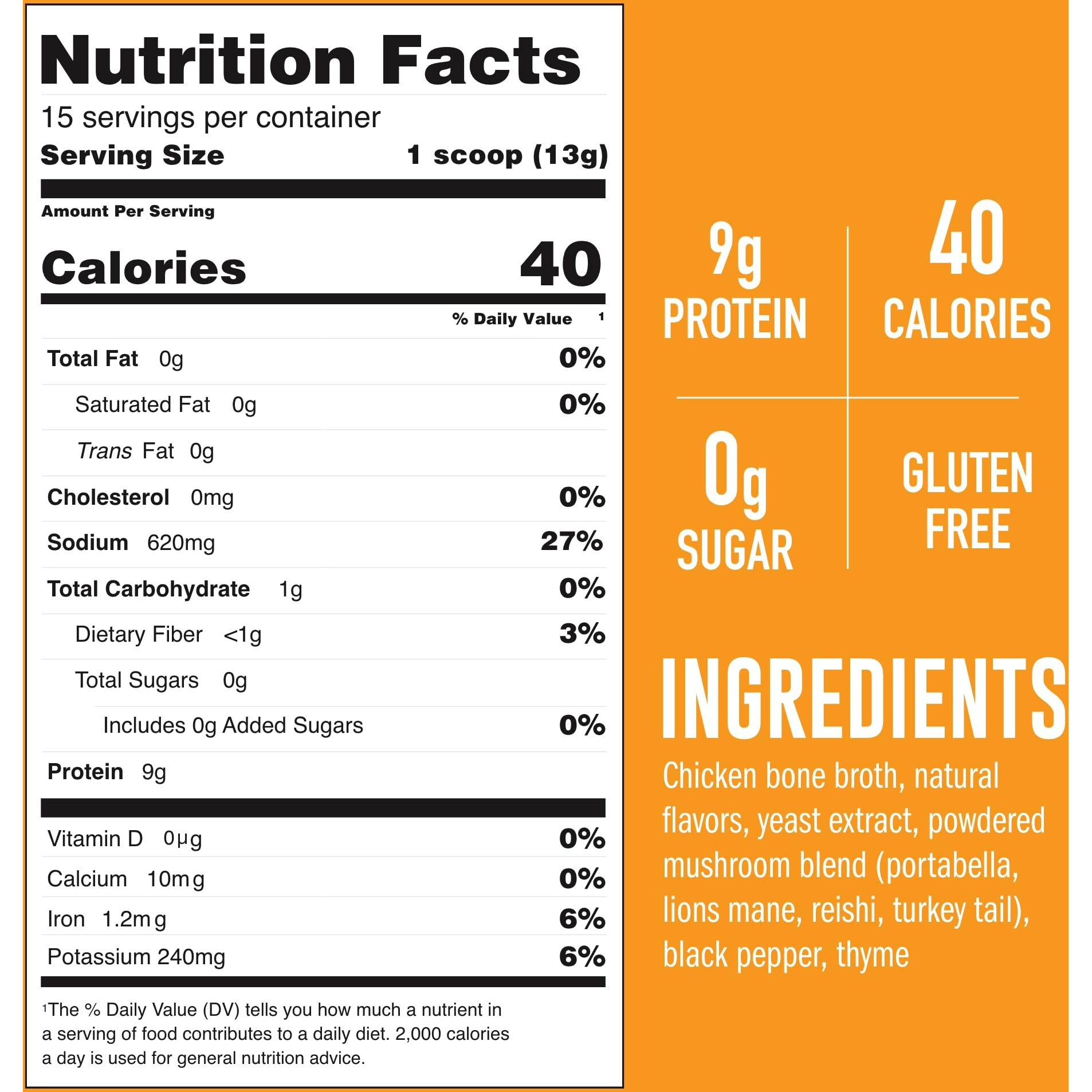 Lonolife Mushroom Chicken Bone Broth Powder Mix | 10G Protein | Collagen-Rich, Keto & Paleo Friendly | Natural Ingredients | 8Oz Bulk Container (15 Servings)