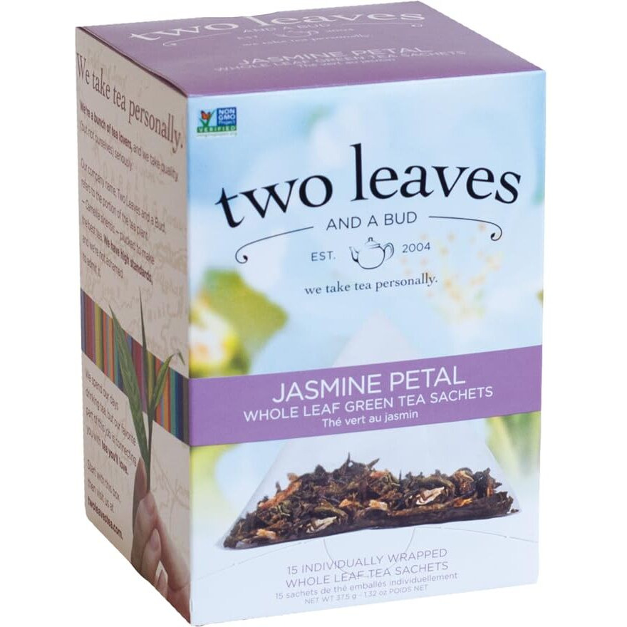 Two Leaves And A Bud Jasmine Green Tea Bags, 15 Count (Pack Of 1) Whole Leaf Green Tea In Pyramid Sachet Bags, Compostable Sachets, Delicious Hot Or Iced With Milk Or Sugar Or Honey