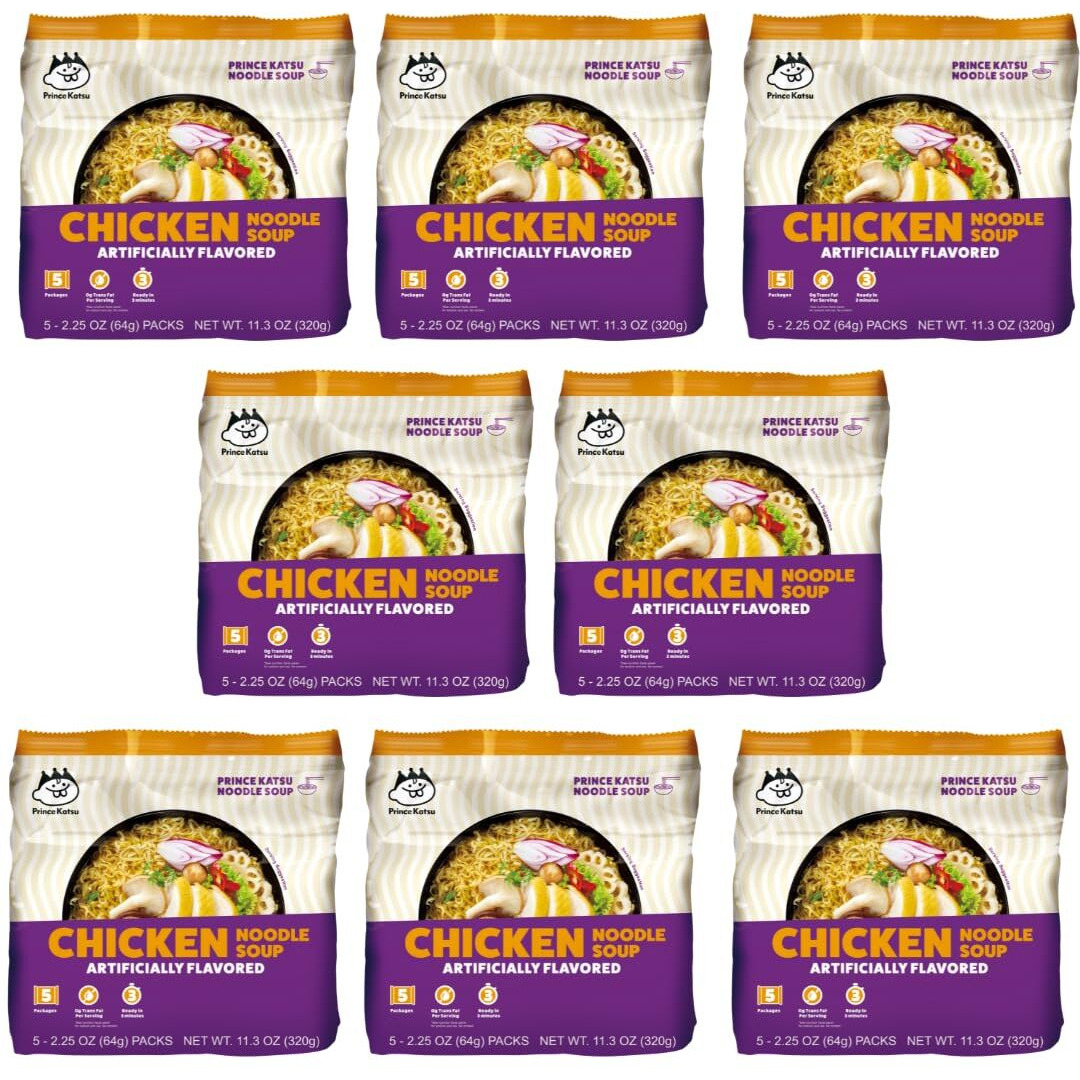 Prince Katsu Gourmet Instant Ramen Noodles, Chicken Flavored Noodle Soup, 8 Pack 40 Servings, Premium Microwaveable Ramen Soup Mix