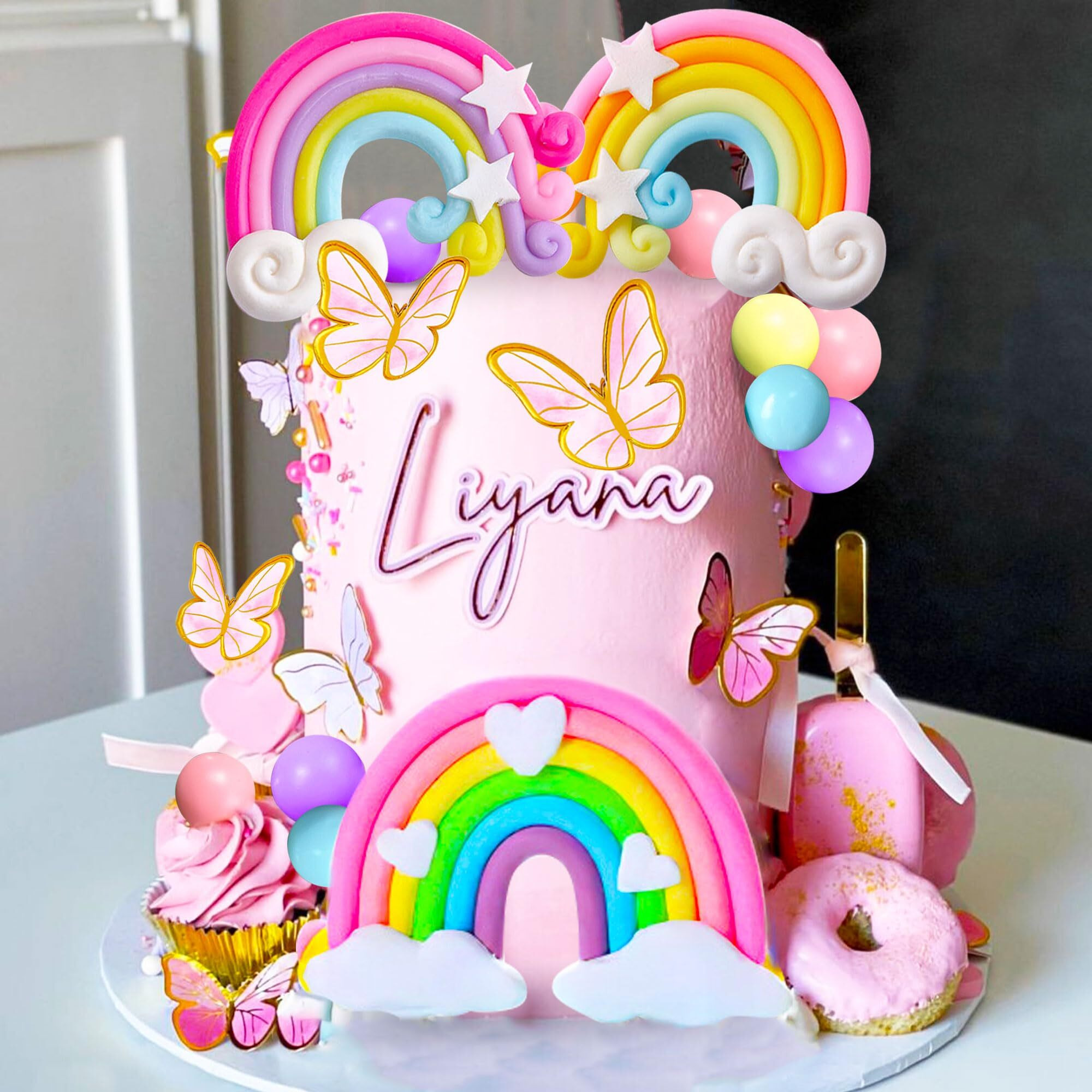 Jevenis 33 Pcs Pink Rainbow Cake Topper Unicorn Rainbow Cake Decorations Boho Cake Topper Girls Birthday Baby Shower Cake Topper