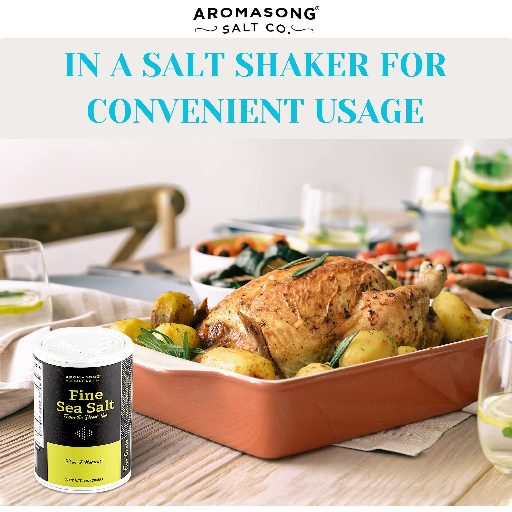Aromasong 100% Natural Sea Salt From The Dead Sea, Fine Grain Table Salt, 13 Oz. Salt Shaker, 100% Pure & Natural, Unrefined, Gluten Free, Sea Salt For Daily Cooking