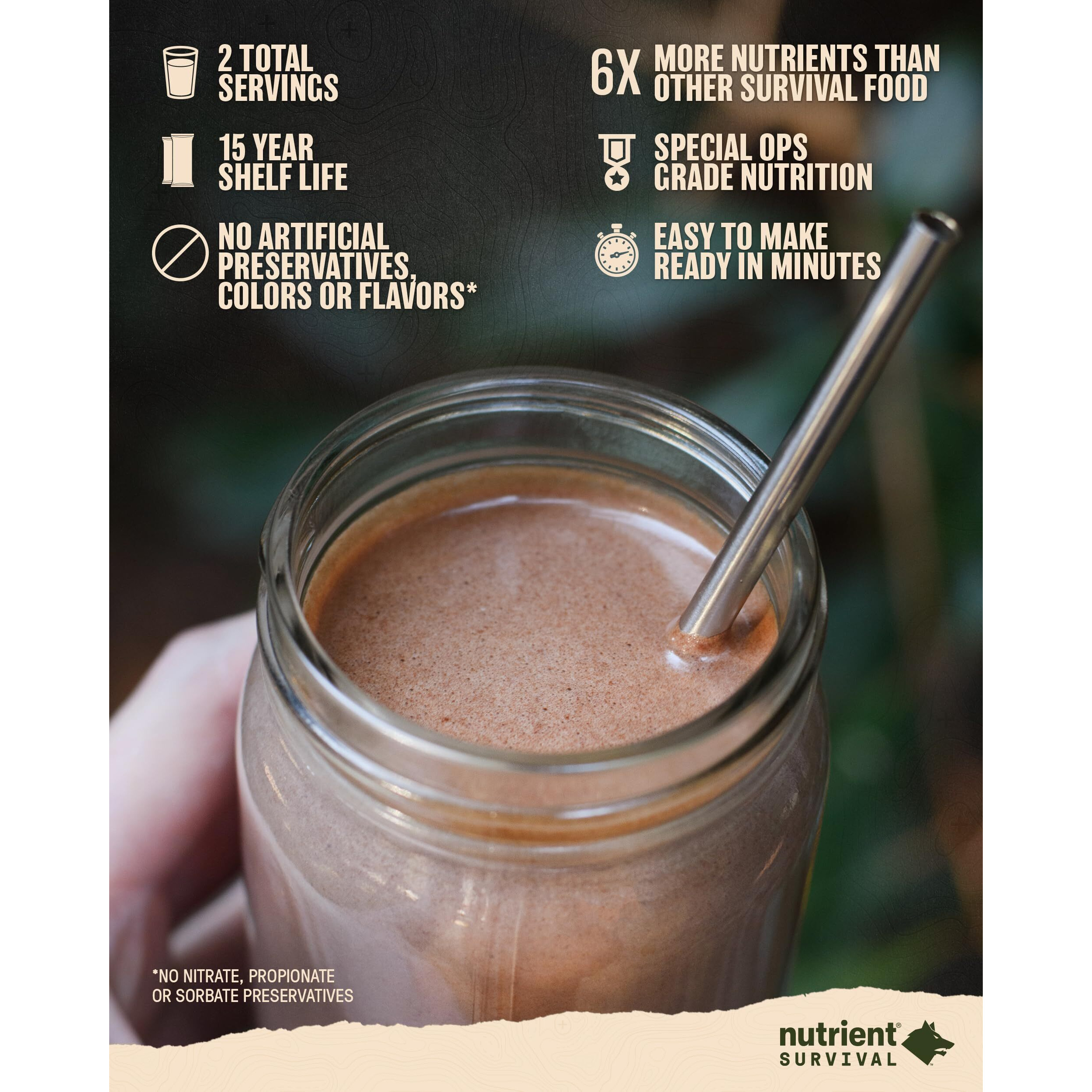 Nutrient Survival Protein Shake, Creamy Chocolate, Whey Protein Powder, Freeze Dried Prepper Supplies & Emergency Food, 40 Nutrients, Gluten Free, Shelf Stable Up To 15 Years, Pantry Pack,15 Servings