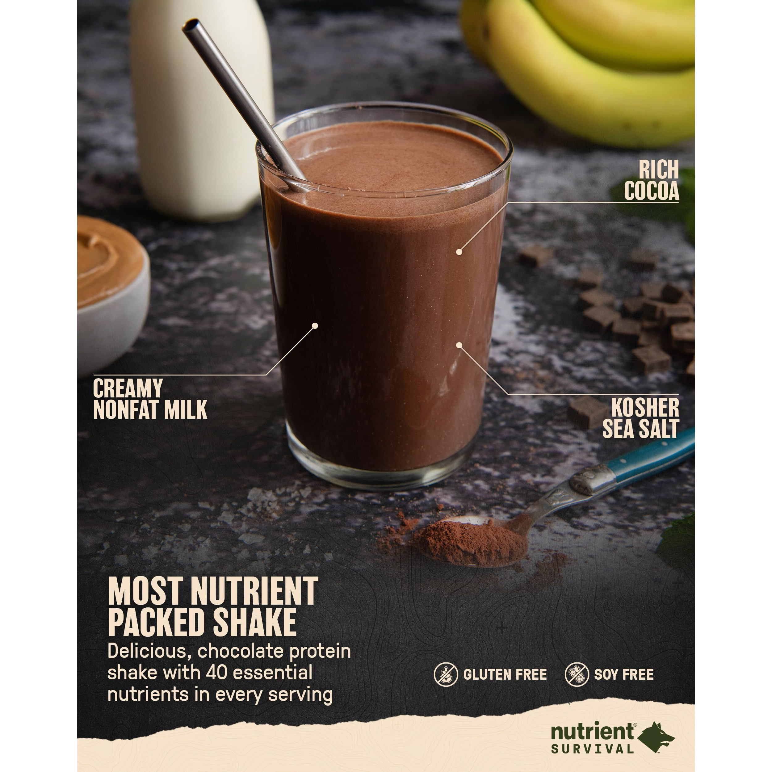 Nutrient Survival Protein Shake, Creamy Chocolate, Whey Protein Powder, Freeze Dried Prepper Supplies & Emergency Food, 40 Nutrients, Gluten Free, Shelf Stable Up To 15 Years, Pantry Pack,15 Servings