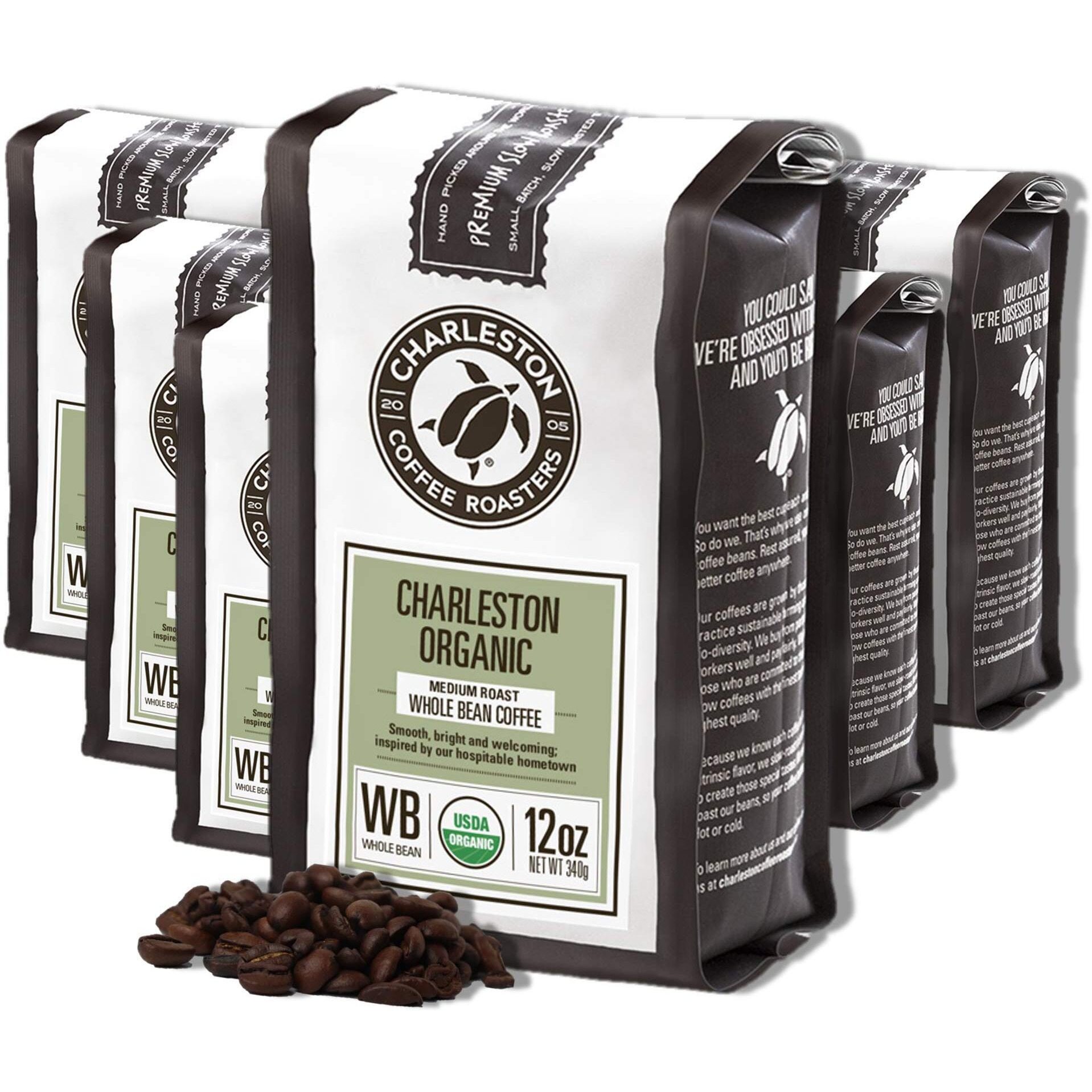 Charleston Coffee Roasters | Specialty Organic Whole Bean Coffee | Hand Picked, Premium Slow Roast | (Charleston Organic, Medium Roast) 12Oz, 6 Pack
