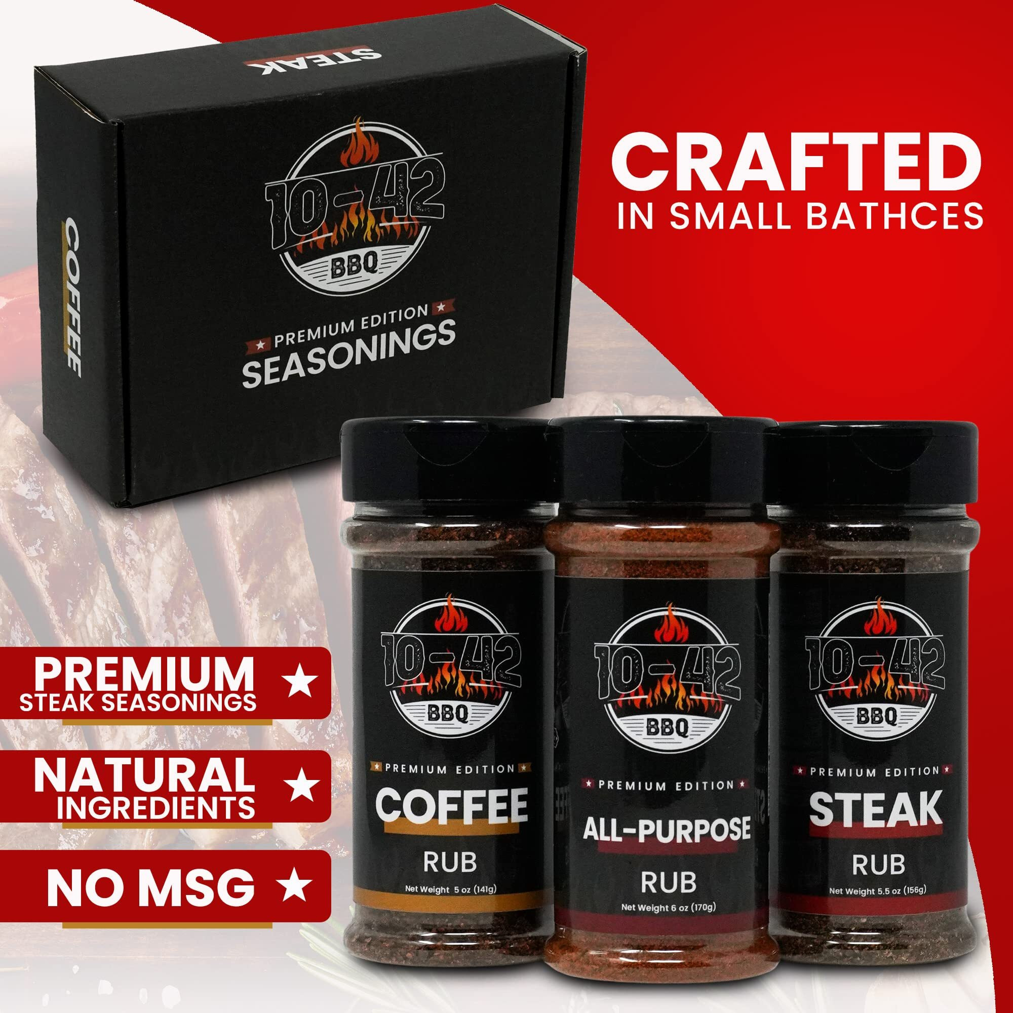 10-42 Steak Seasoning Gift Set - 3 Premium Flavors  All Purpose, Steak, Coffee Rub | Gourmet Meat Seasoning Dry Rub | Barbecue Spices And Seasonings Variety Pack | Grill Gifts | 0 Calorie, No Msg