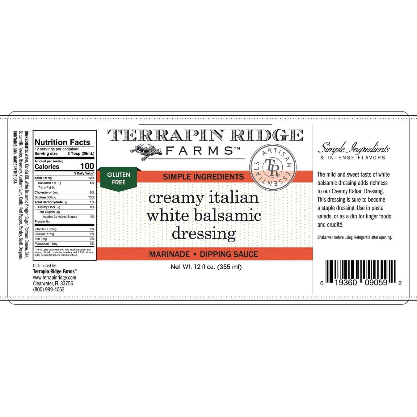 Terrapin Ridge Farms Creamy Italian White Balsamic Dressing - One 12 Fl Oz Bottle