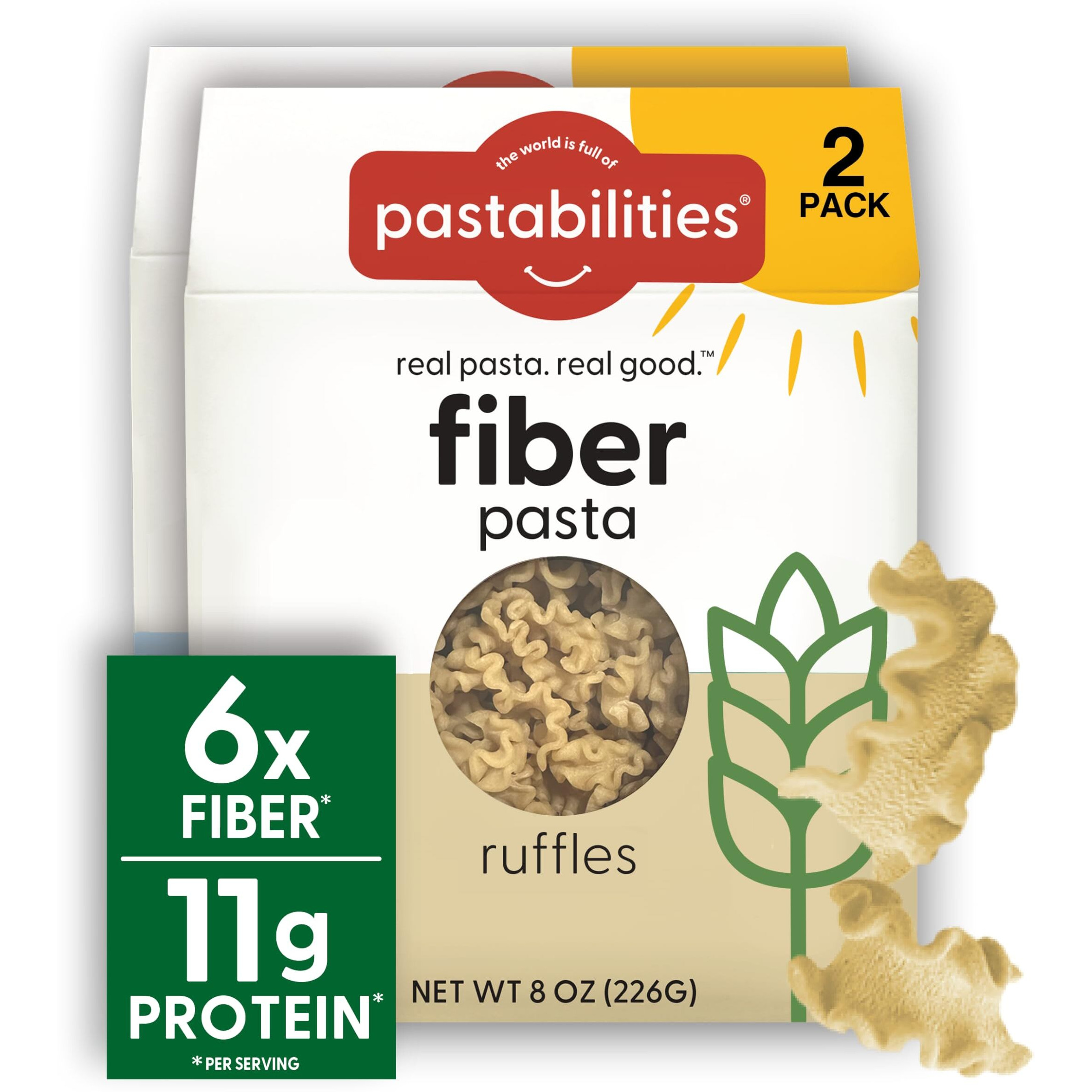 Pastabilities High Fiber Pasta - Ruffles Shaped Wheat - 11G Protein Per Serving, Delicious Taste & Texture, Excellent Source Of Prebiotic Fiber, Plant-Based, Vegan And Non Gmo Certified (2 Pack, 8 Oz)