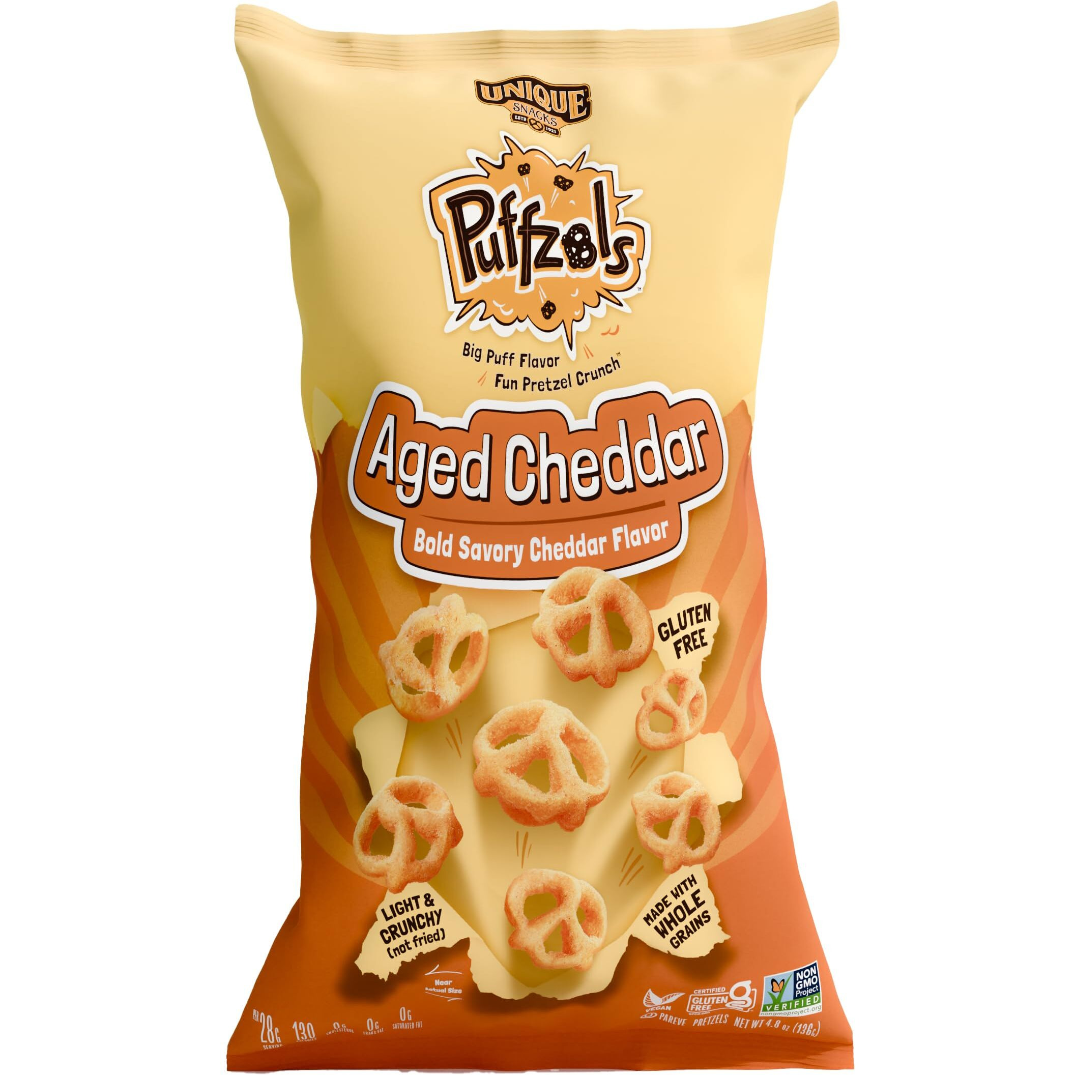 Unique Snacks Puffzels, Bold And Savory Cheddar Cheese Flavor With A Fun Pretzel Crunch, Gluten-Free Snacks, 4.8 Oz. Snack Bag, Pack Of 6, Aged Cheddar