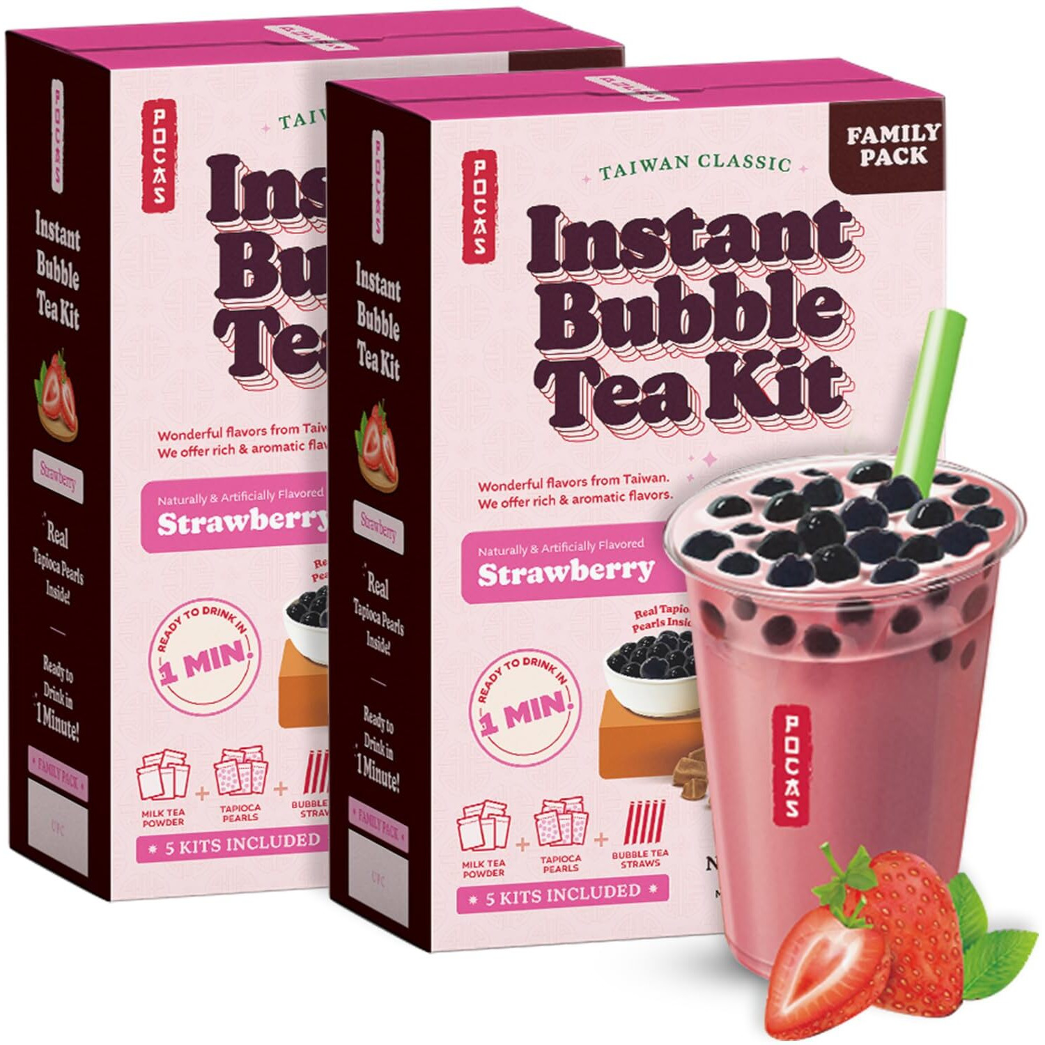 Pocas Bubble Tea Kit, Strawberry 2-Pack - Instant Milk Tea Powder With Authentic Tapioca Pearls For Instant Bubble Tea, 10 Kits