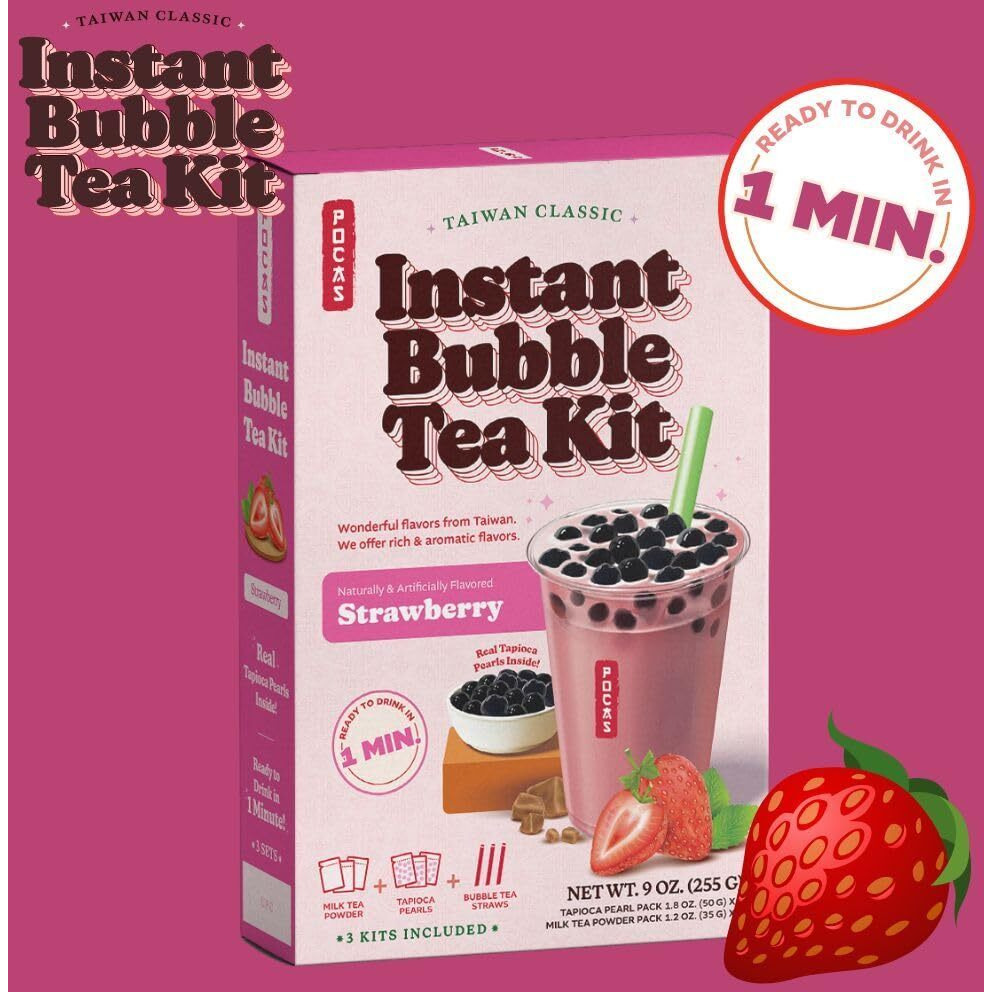 Pocas Bubble Tea Kit, Strawberry 2-Pack - Instant Milk Tea Powder With Authentic Tapioca Pearls For Instant Bubble Tea, 10 Kits