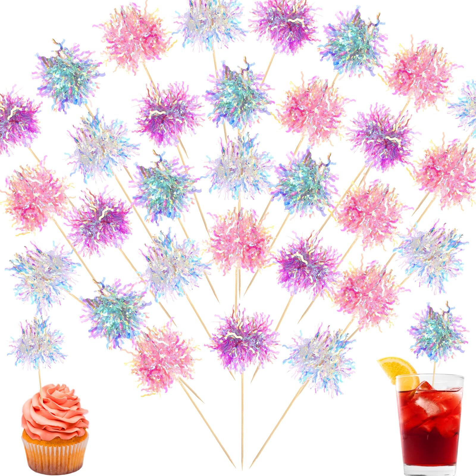Tboxbo 120 Pcs Firework Cupcake Toppers Foil Frill Toothpicks Cake Decorations Sparkle Tinsel Cupcake Toppers Cocktail Picks Firework Par