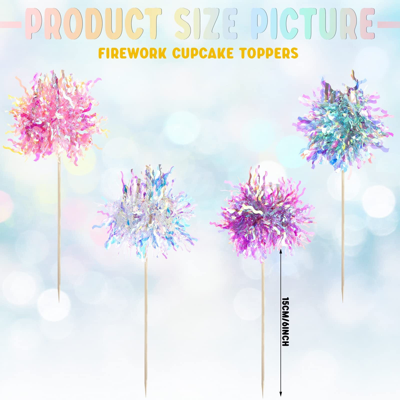 Tboxbo 120 Pcs Firework Cupcake Toppers Foil Frill Toothpicks Cake Decorations Sparkle Tinsel Cupcake Toppers Cocktail Picks Firework Par