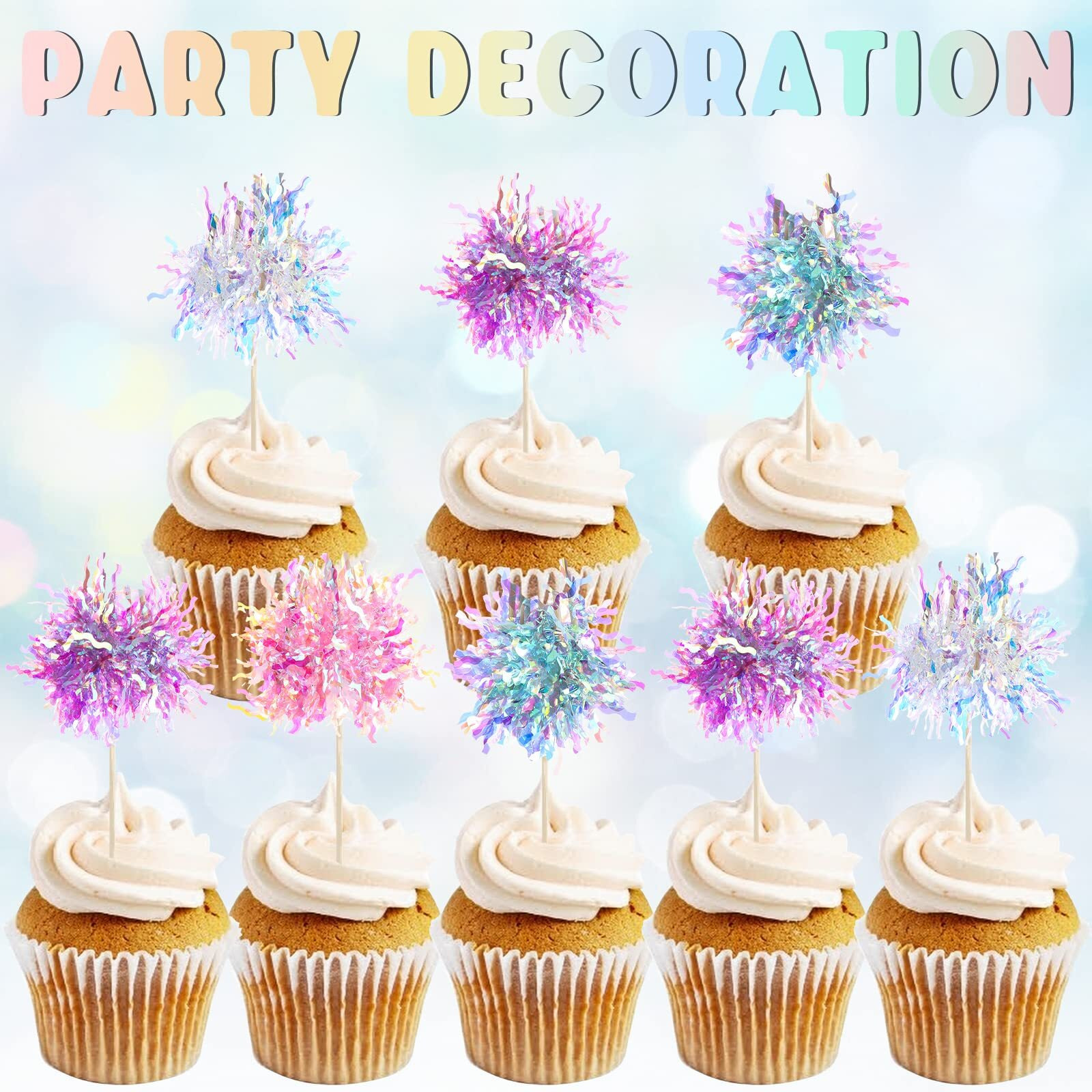 Tboxbo 120 Pcs Firework Cupcake Toppers Foil Frill Toothpicks Cake Decorations Sparkle Tinsel Cupcake Toppers Cocktail Picks Firework Par