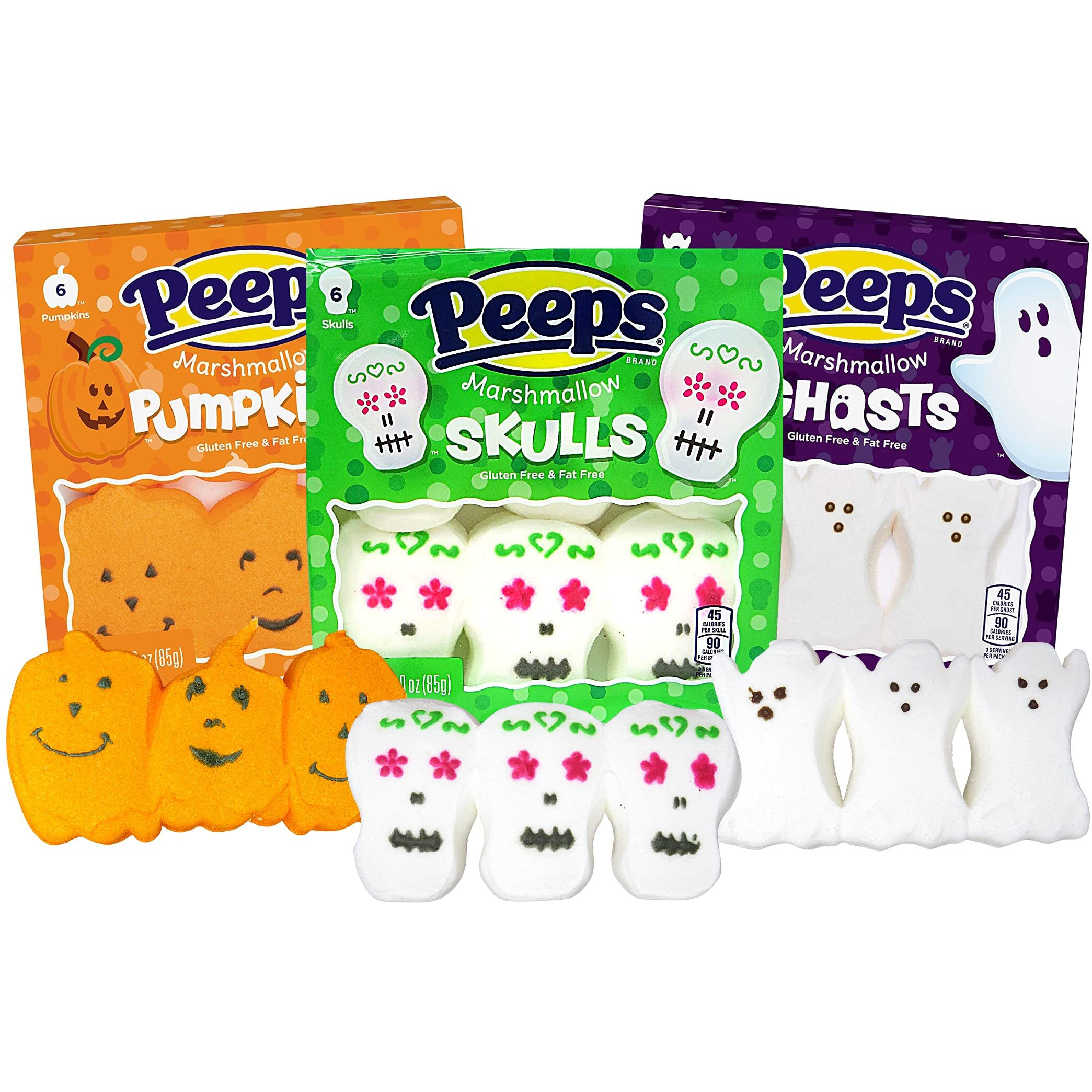 Peeps Candy Halloween Ghost, Skulls And Pumpkins Fun Shaped Marshmallows, Marshmallow Birthday Party Favor Gift Candies For Peep Lovers, Pack Of 3
