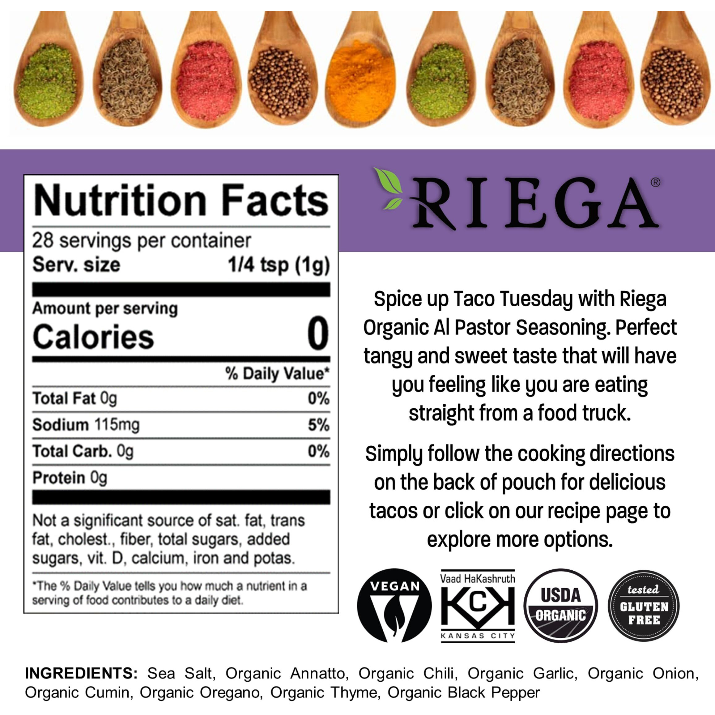Riega Organic Al Pastor Street Taco Seasoning, Perfect Mix For Authentic Al Pastor Pork Tacos (Al Pastor, 1 Ounce (Pack Of 8))