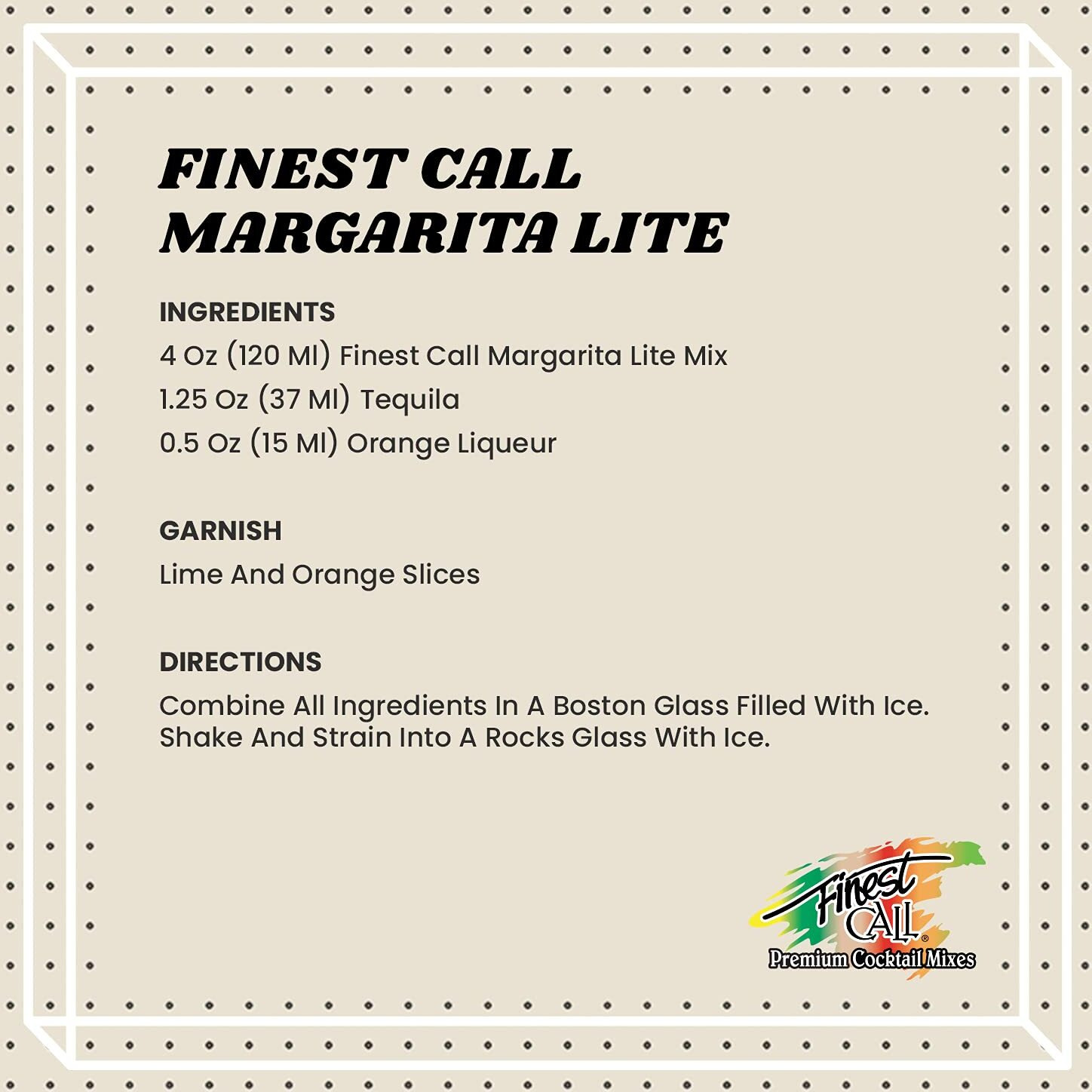Finest Call Premium Margarita Lite Drink Mix, 1 Liter Bottle (33.8 Fl Oz), Pack Of 6