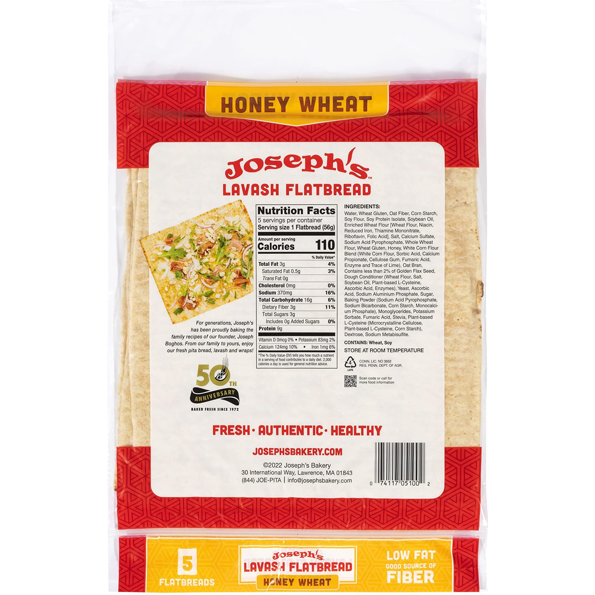 Joseph's Lavash Bread Value 6-Pack, Honey Wheat, Low Fat And Good Source Of Fiber (5 Flatbreads Per Pack, 30 Total), Fresh Baked