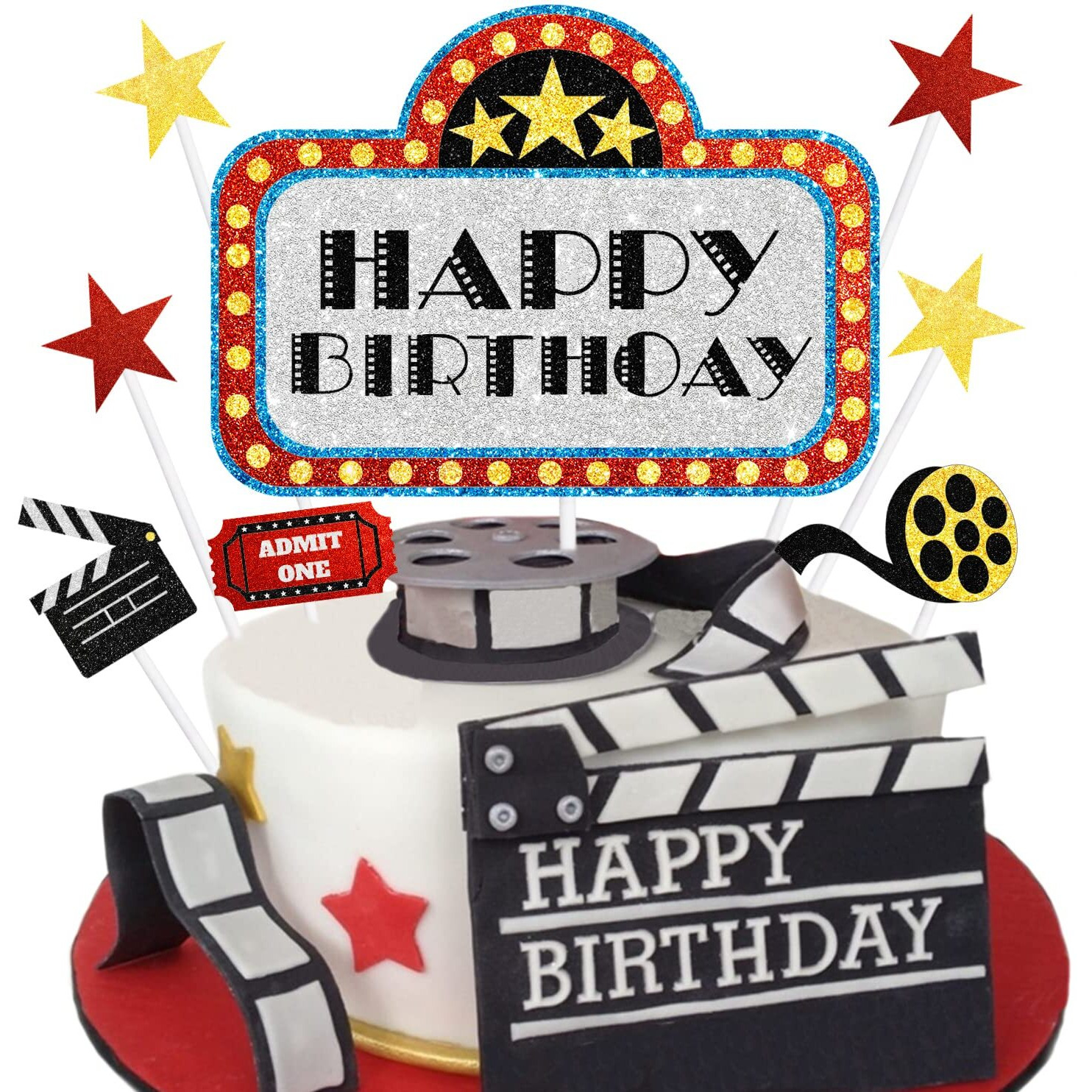 Movie Night Birthday Cake Topper - Movie Theme Roll Hollywood Cinema Ticket Happy Birthday Party Decorations - One Cake Topper And 3Pcs Cupcake Toppers