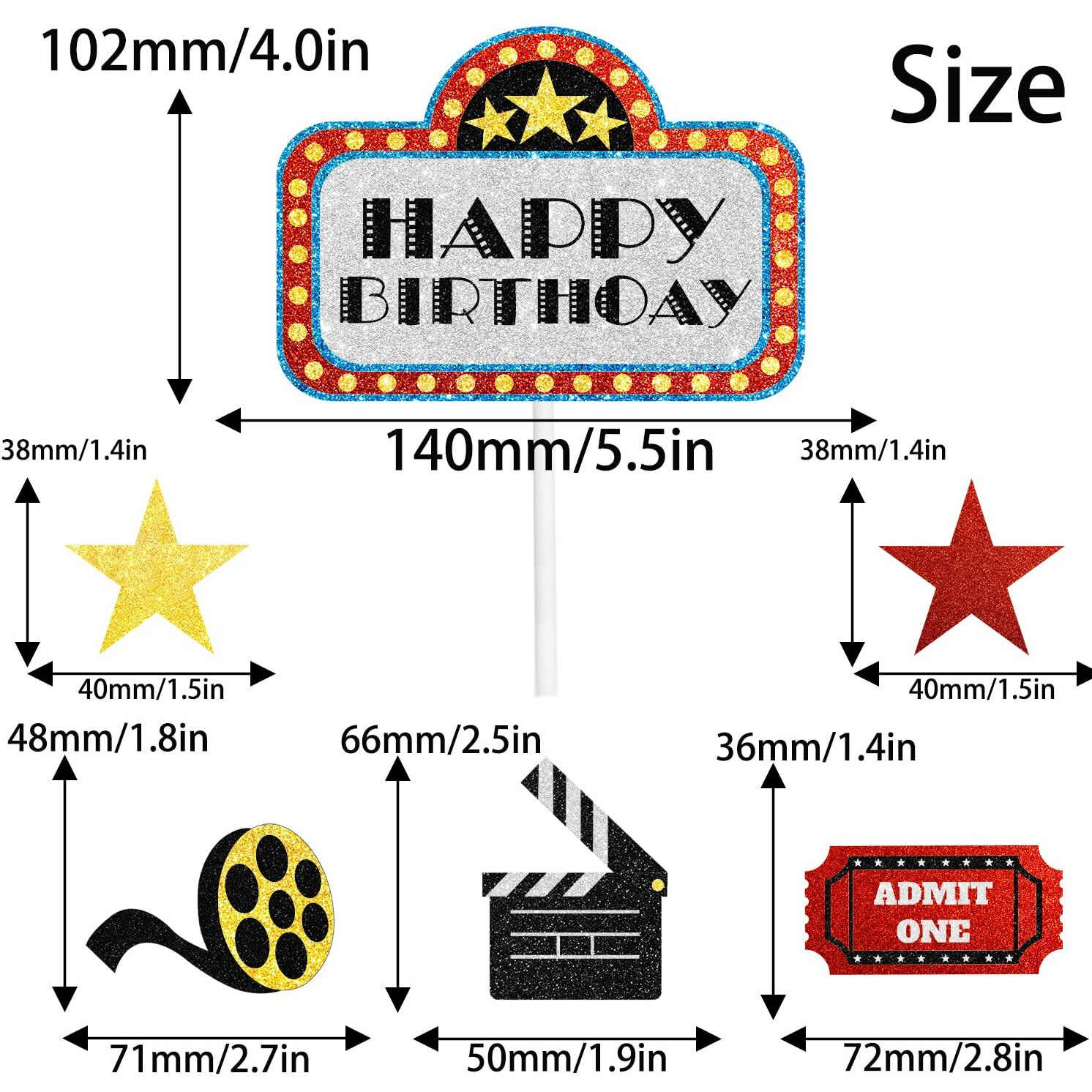 Movie Night Birthday Cake Topper - Movie Theme Roll Hollywood Cinema Ticket Happy Birthday Party Decorations - One Cake Topper And 3Pcs Cupcake Toppers