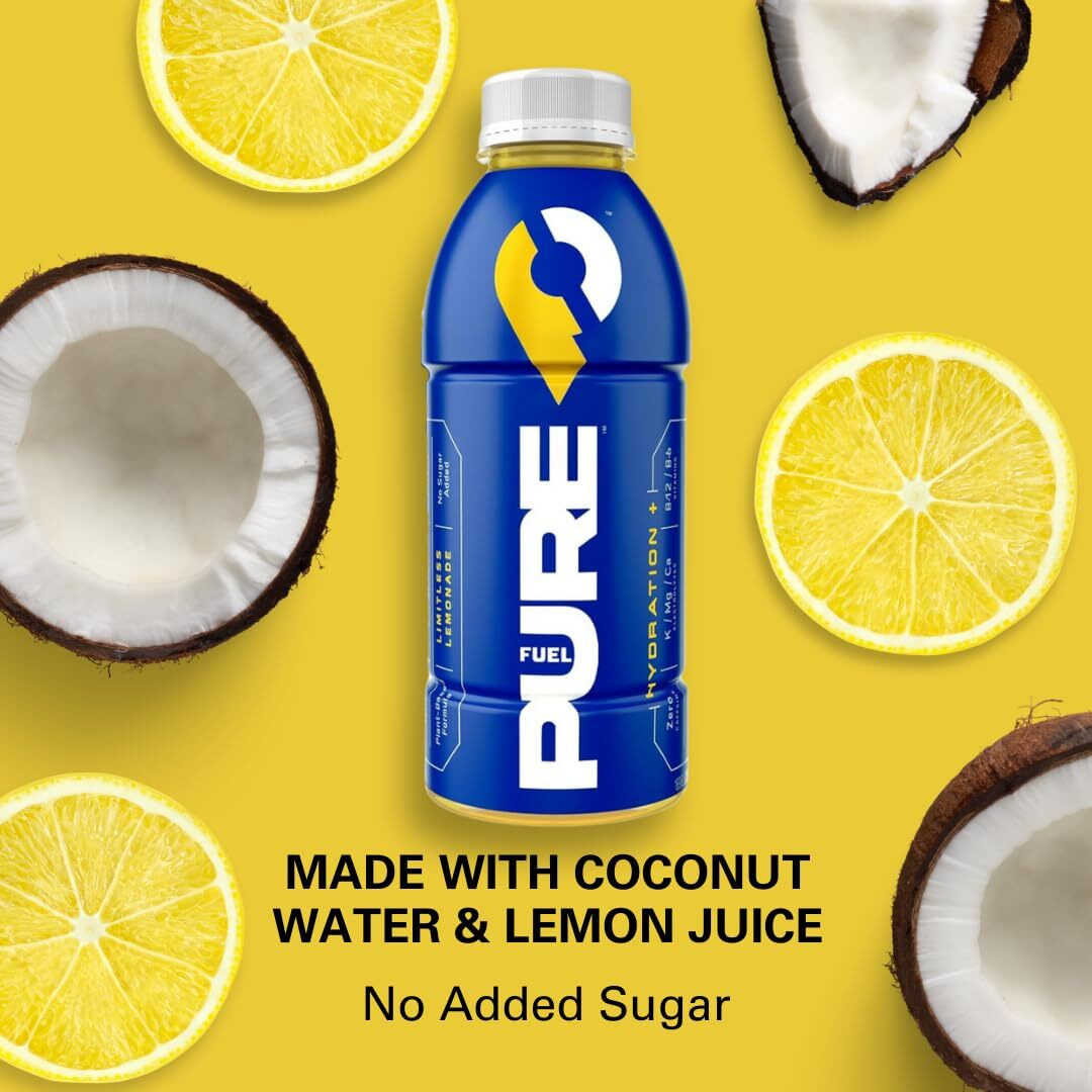 Pure Fuel Hydration Drinks Limitless Lemonade - Plant-Based Healthy Electrolyte Drinks With B-Vitamins - No Added Sugar - 12 Pack X 16.9 Fl Oz Bottles