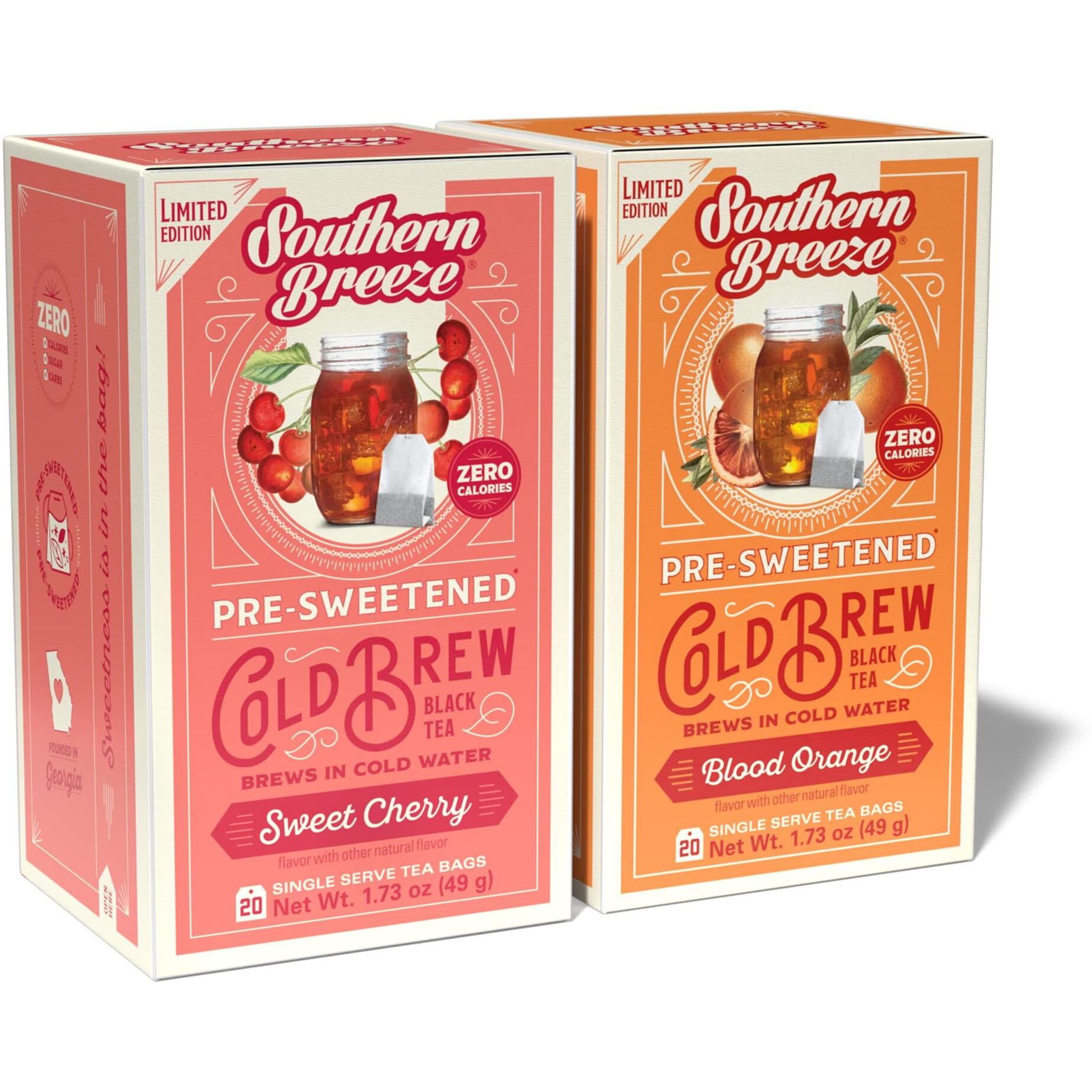 Southern Breeze Cold Brew Sweet Tea Variety Pack Iced Tea With Black Tea And Zero Carbs Zero Sugar, 20 Individually Wrapped Tea Bags, Pack Of 2 Seasonal Flavors Sweet Cherry & Blood Orange