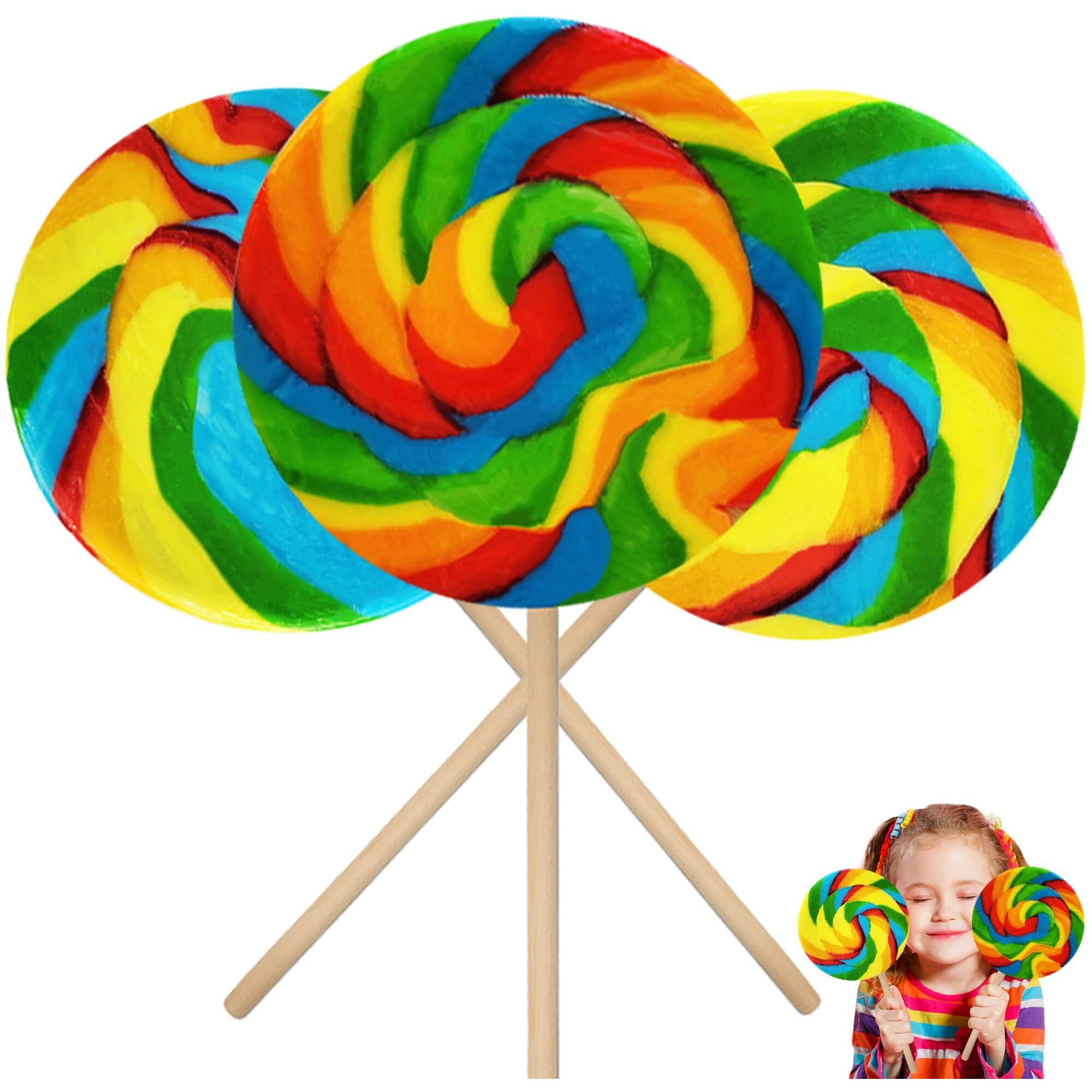 The Dreidel Company Mega Rainbow Swirl Lollipop, 5"" Inch Mixed Fruit Flavor, Individually Wrapped, 5"" Inch Sucker (3-Pack)