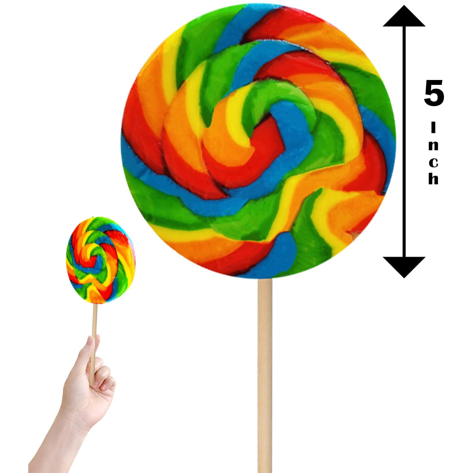 The Dreidel Company Mega Rainbow Swirl Lollipop, 5"" Inch Mixed Fruit Flavor, Individually Wrapped, 5"" Inch Sucker (3-Pack)
