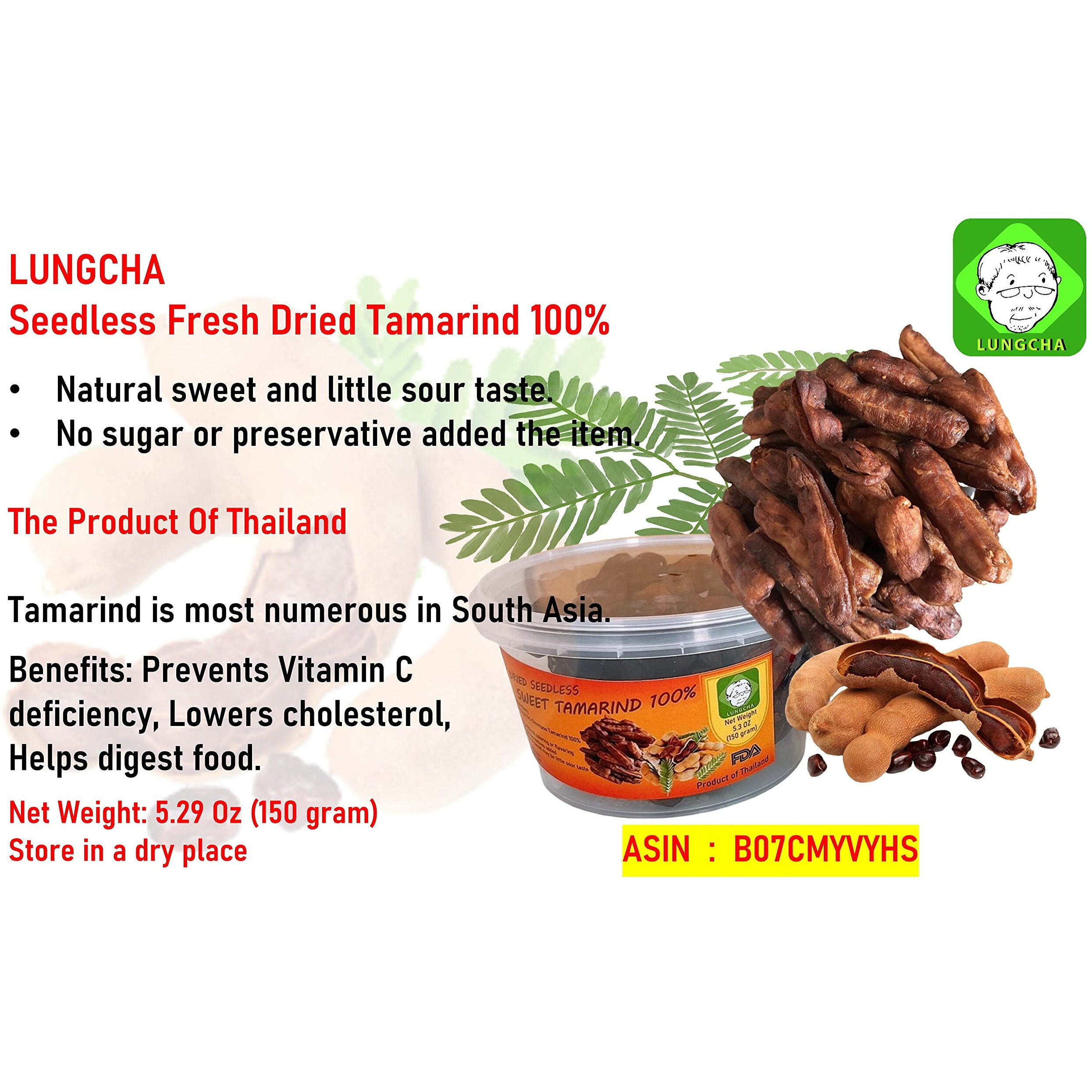 Seedless Fresh Dried Real Fruit Tamarind See-Chom-Phoo Little Sour And Sweet Small Pieces 150 G. (5.29 Oz.)