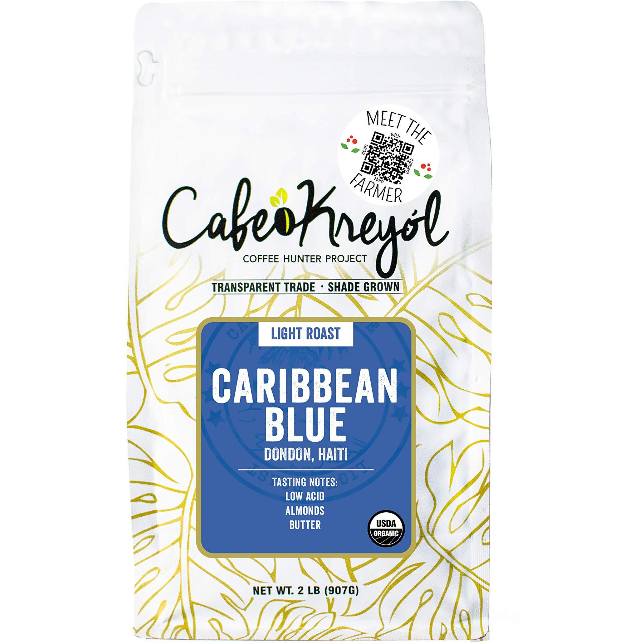 Cafe Kreyol Organic Caribbean Blue | 2 Lb - Haitian Blue Light Roast Coffee - Whole Bean Coffee, High Caffeine - Smooth Low Acid With Notes Of Almond And Walnut