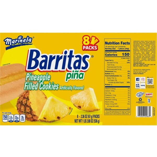 Marinela Barritas Pia Pineapple Soft Filled Cookie Bar | 2 Pack (16 Count)