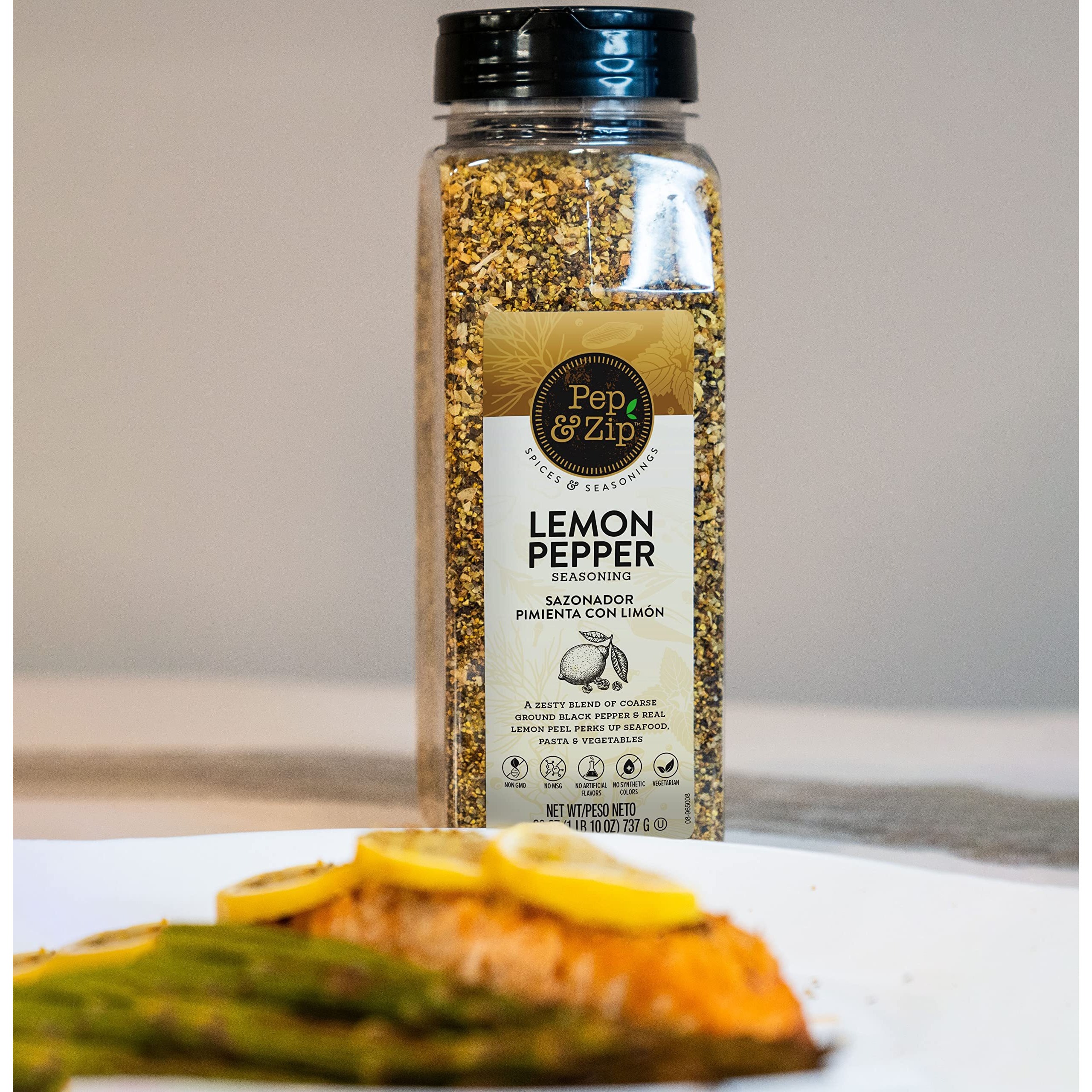 Pep And Zip, Lemon Pepper Seasoning/Sazonador Pimienta Con Limon, Zesty Flavor, Great On Wings, Non-Gmo, Kosher, No Msg, 26Oz