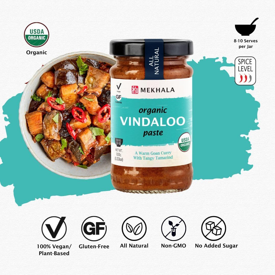 Mekhala Organic Vindaloo Indian Cooking Paste. Versatile Sauce, Marinade, Cooking Paste. Hot. Organic Vegan Gluten-Free No Added Sugar 3.53Oz