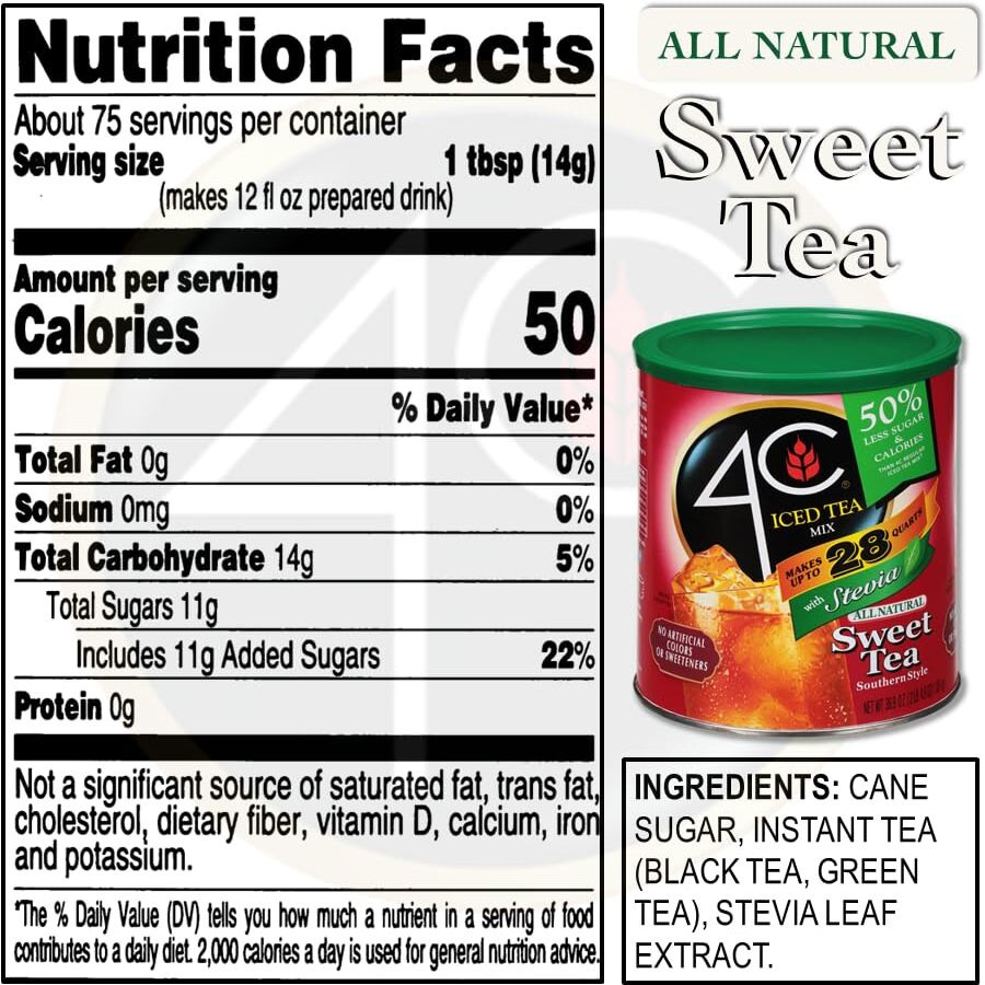 4C Reduced Sugar Powdered Drink Mix Canisters, Iced Tea, 28 Quarts, Family Sized Canister, Thirst Quenching & Refreshing Flavors (Sweet Tea, 36.9 Ounce (Pack Of 1))