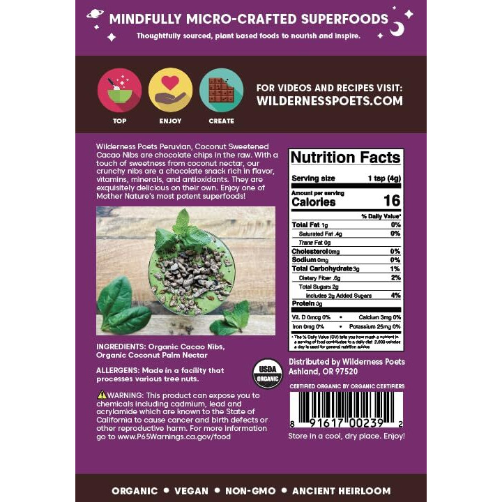 Wilderness Poets Cacao Nibs (Sweetened With Coconut Nectar) - Organic Raw Cacao Nibs - (8 Ounce - 227G)