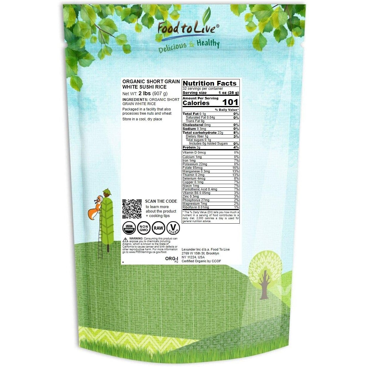 Food To Live Organic Short Grain White Sushi Rice, 2 Pounds - Non-Gmo Japanese Style Perfectly Sticky Rice, Vegan, Bulk. Easy To Cook. Great As A Side Dish. Perfect For Sushi, Salads, And Desserts