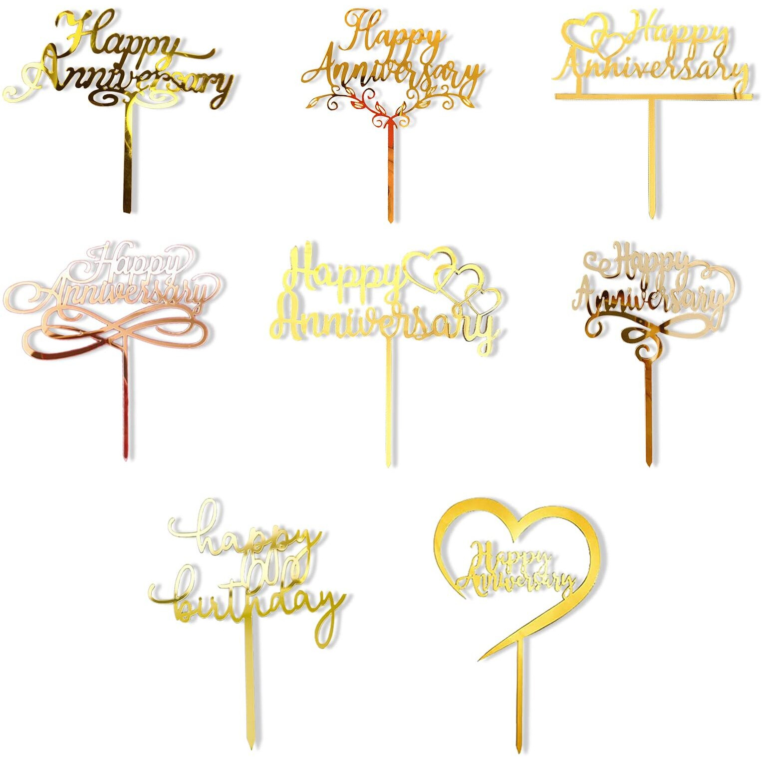 8 Pack Happy Anniversary Cake Topper, Gold Sliver Wedding Anniversary Acrylic Cake Toppers, Happy Anniversary Party Decorating Supplies (8)