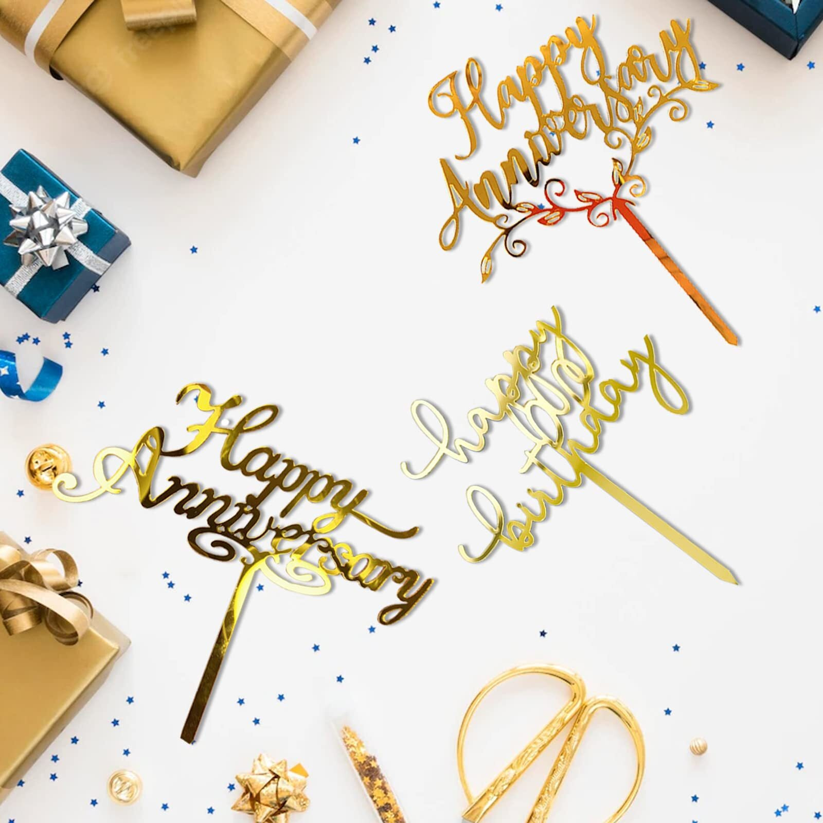 8 Pack Happy Anniversary Cake Topper, Gold Sliver Wedding Anniversary Acrylic Cake Toppers, Happy Anniversary Party Decorating Supplies (8)