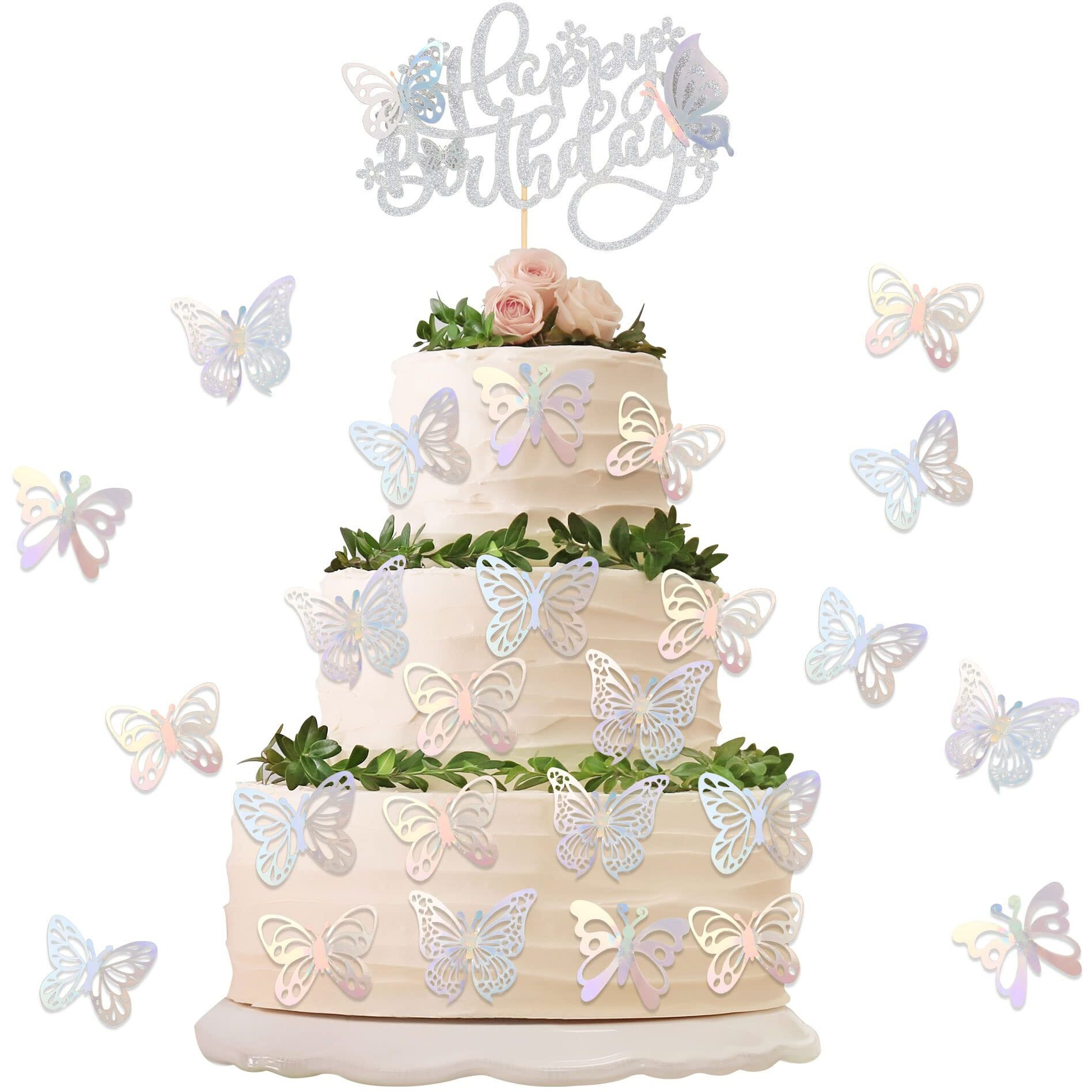 25Pcs Butterfly Cake Topper Glitter 3D Butterfly Cupcake Toppers With Happy Birthday Cake Topper For Wedding Anniversary Baby Shower Kids Birthday Party Cake Decorations Silver