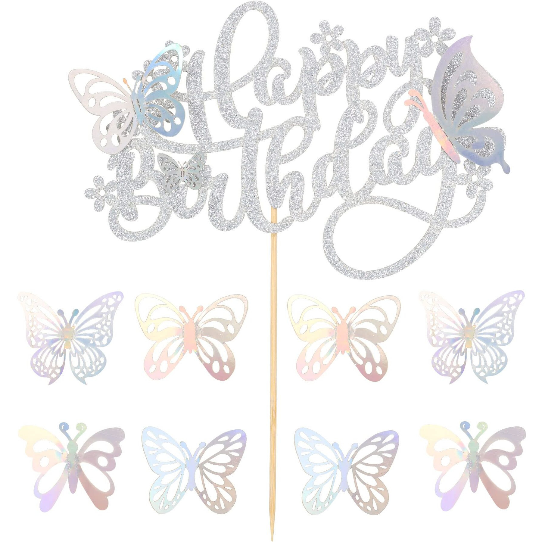 25Pcs Butterfly Cake Topper Glitter 3D Butterfly Cupcake Toppers With Happy Birthday Cake Topper For Wedding Anniversary Baby Shower Kids Birthday Party Cake Decorations Silver