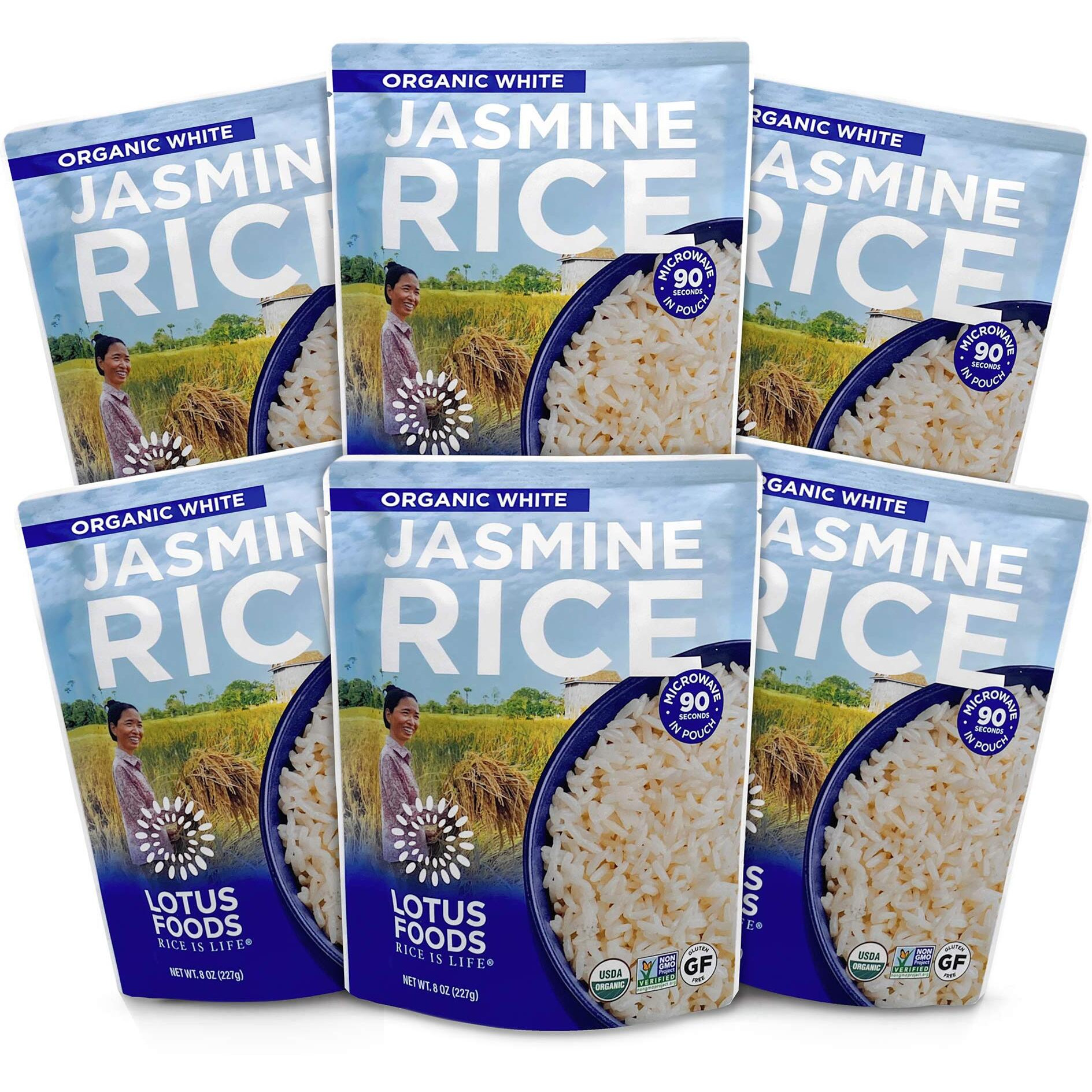 Lotus Foods Organic White Jasmine Rice Heat & Eat Pouch - Gluten Free White Rice, Organic Rice, Instant Microwave Jasmine Rice, Microwavable Pre Cooked Rice - 8 Oz (Pack Of 6)