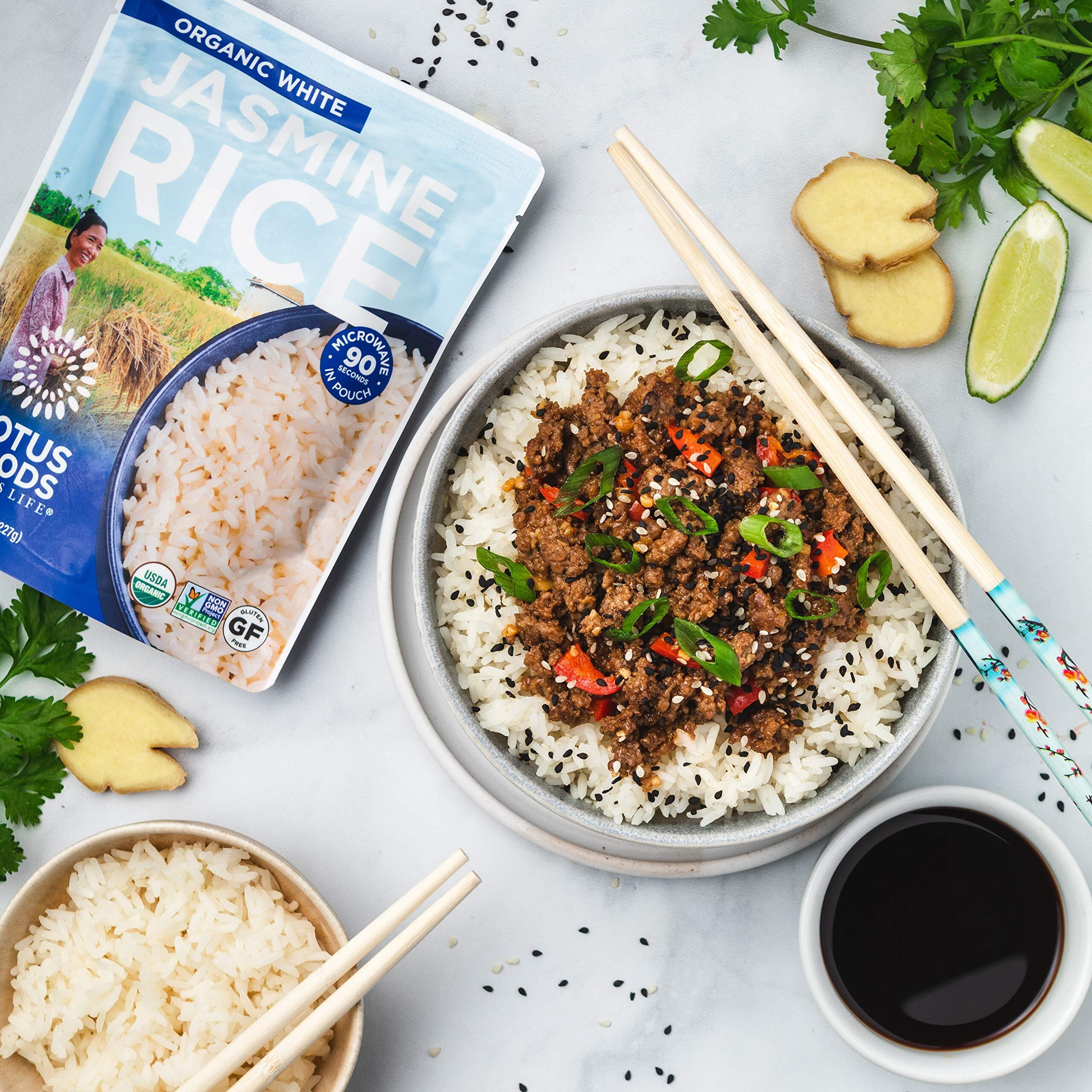 Lotus Foods Organic White Jasmine Rice Heat & Eat Pouch - Gluten Free White Rice, Organic Rice, Instant Microwave Jasmine Rice, Microwavable Pre Cooked Rice - 8 Oz (Pack Of 6)