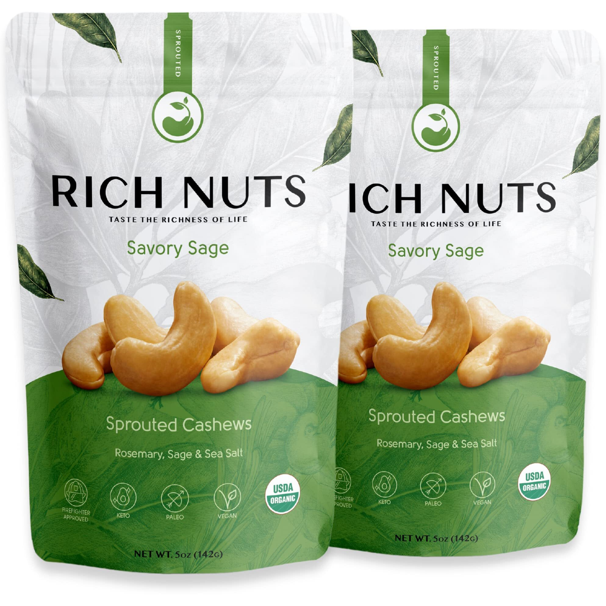 Rich Nuts Savory Sage Gourmet Sprouted Cashews | Vegan, Paleo, Keto | Made With Organic Rosemary, Sage, And Sea Salt | Non-Roasted From Dehydrated Germinated Raw, Whole Cashews | 5 Oz Bag (2 Pack)